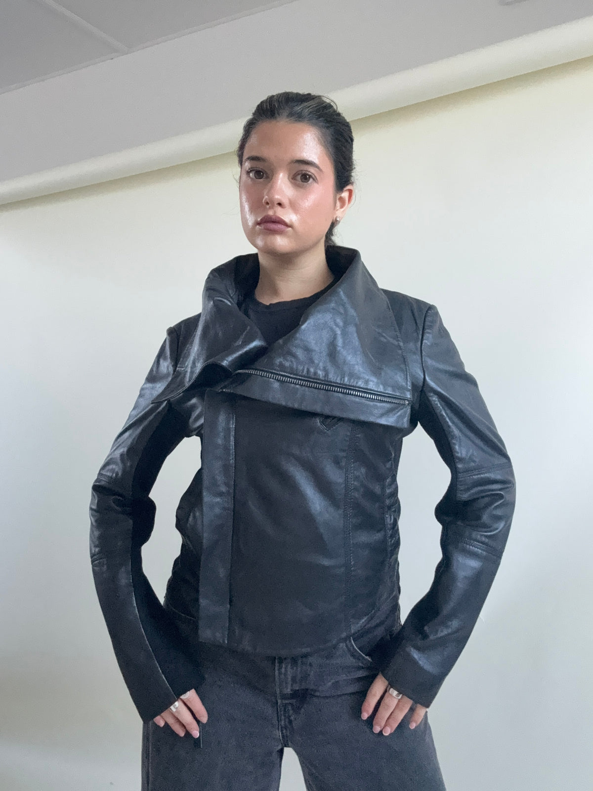 Leather Asymmetric Funnel Neck Jacket (L)