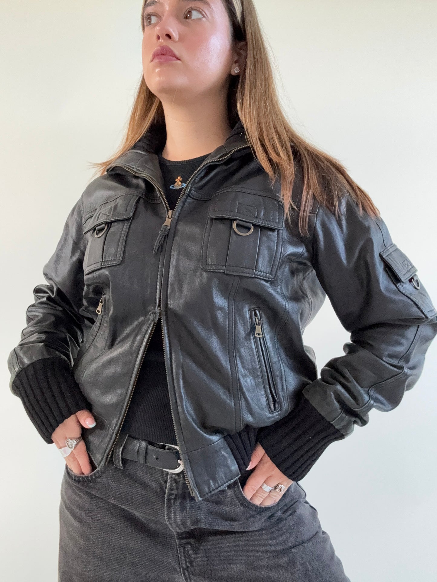 Leather Cargo Bomber Jacket (M)
