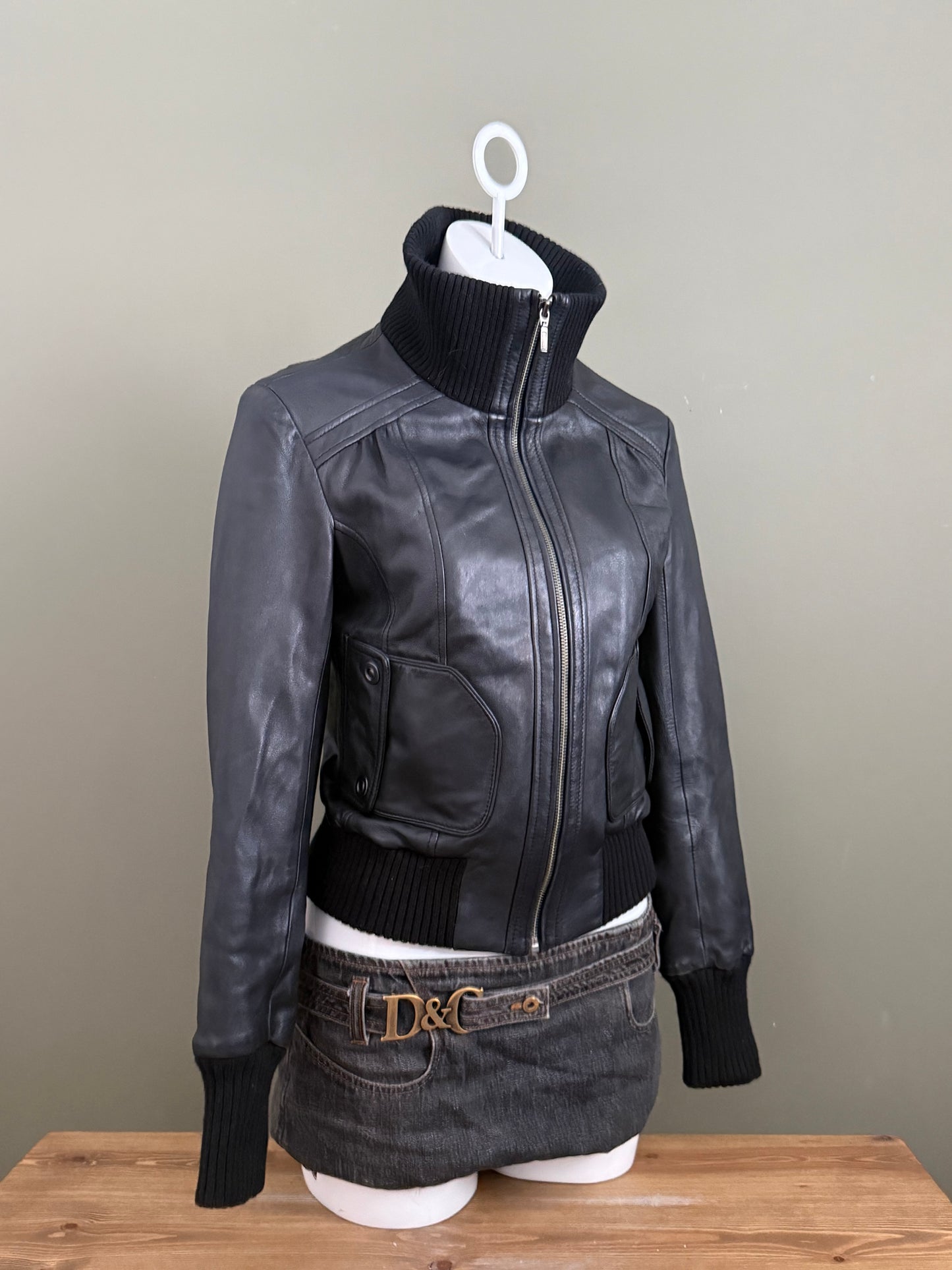 Black Leather Bomber Jacket (UK10)