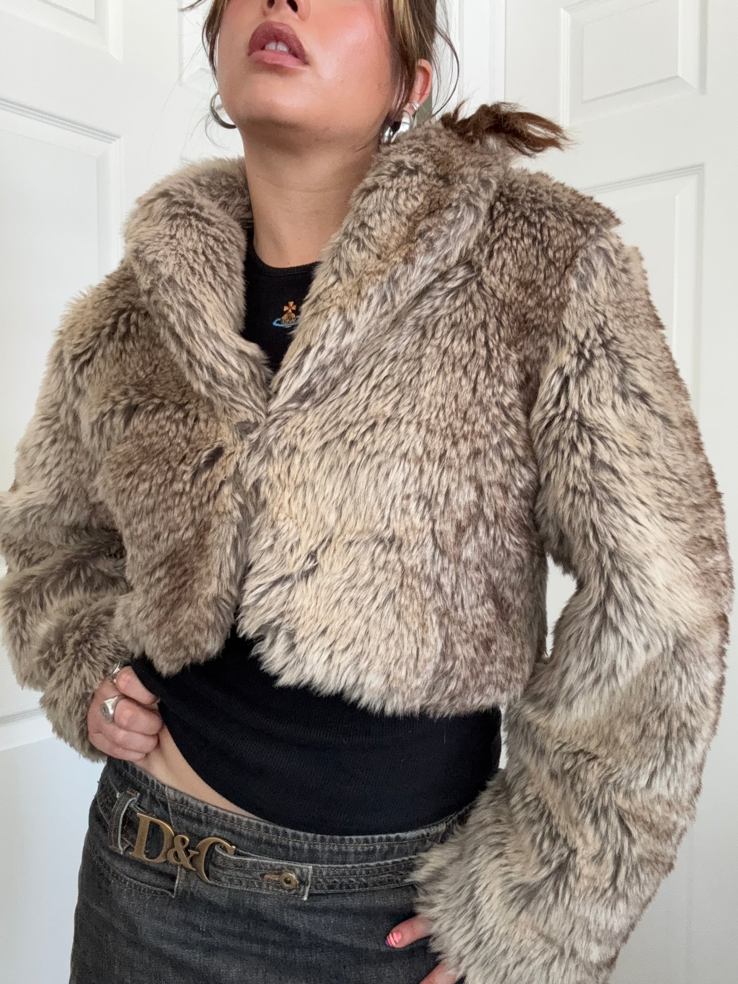 Y2K Faux Fur Cropped Jacket (S)