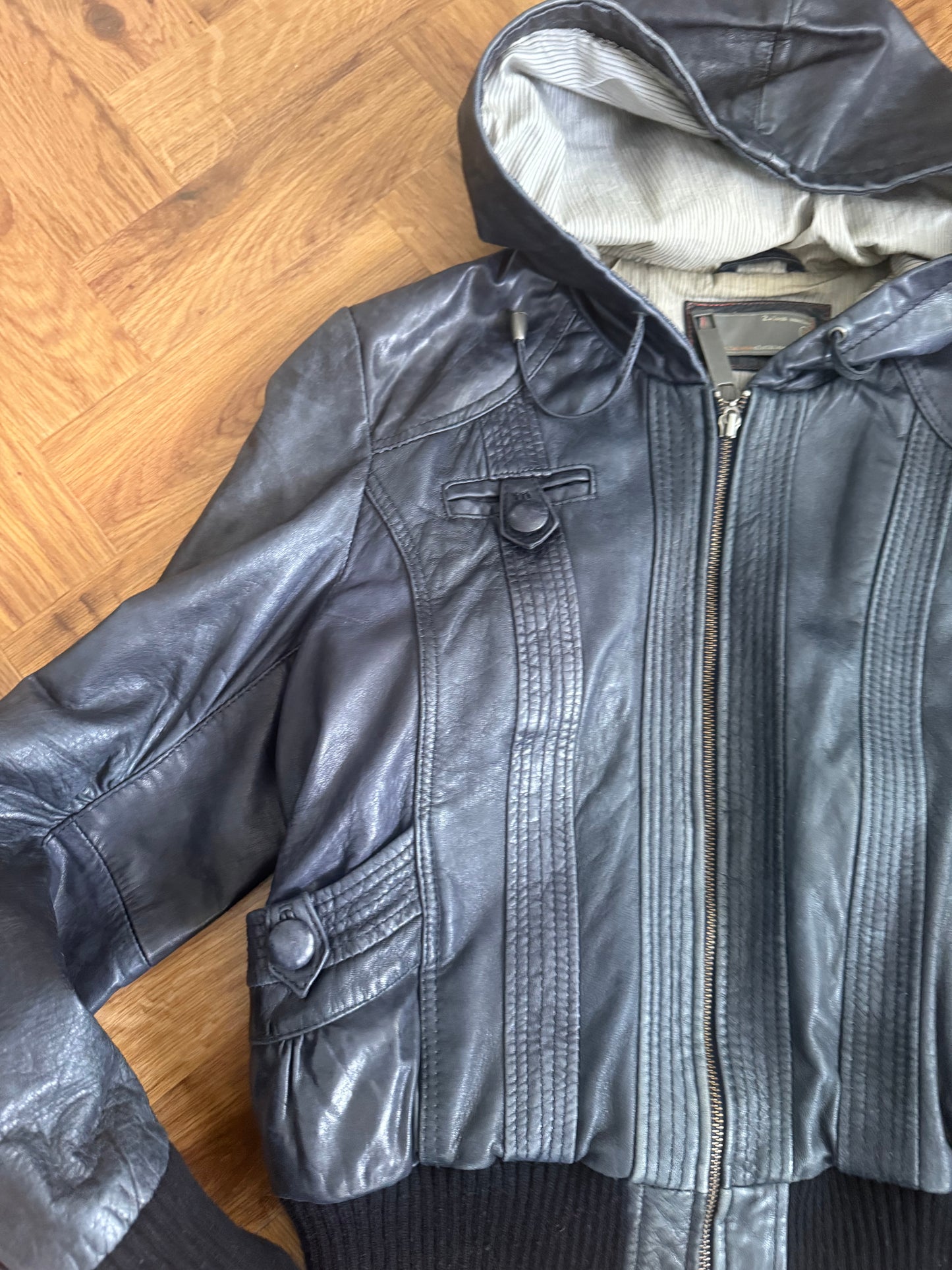 Leather Hooded Bomber Jacket (UK14)