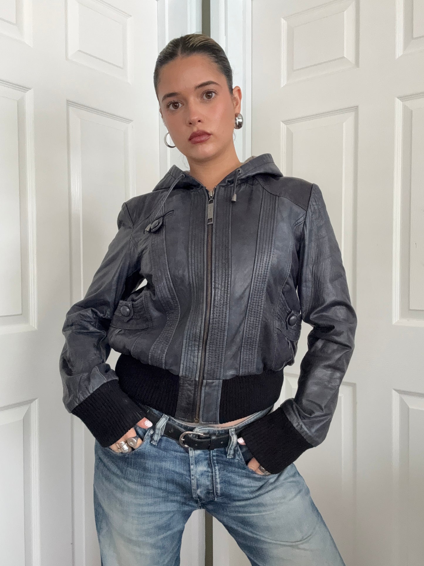 Leather Hooded Bomber Jacket (UK14)