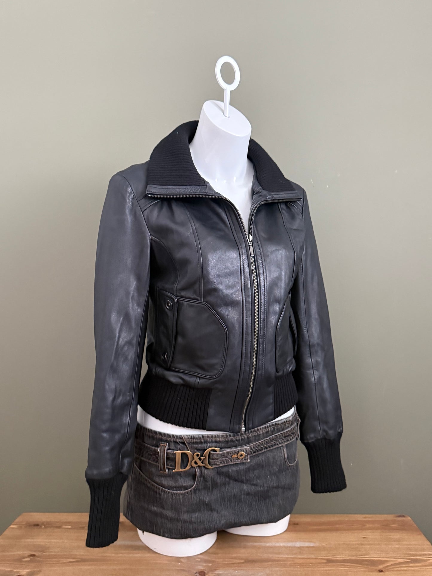 Black Leather Bomber Jacket (UK10)