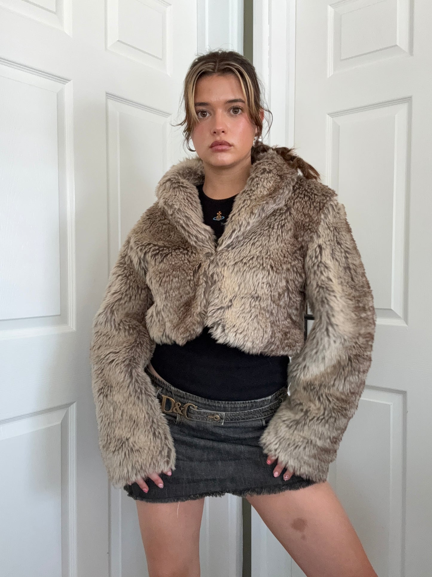 Y2K Faux Fur Cropped Jacket (S)
