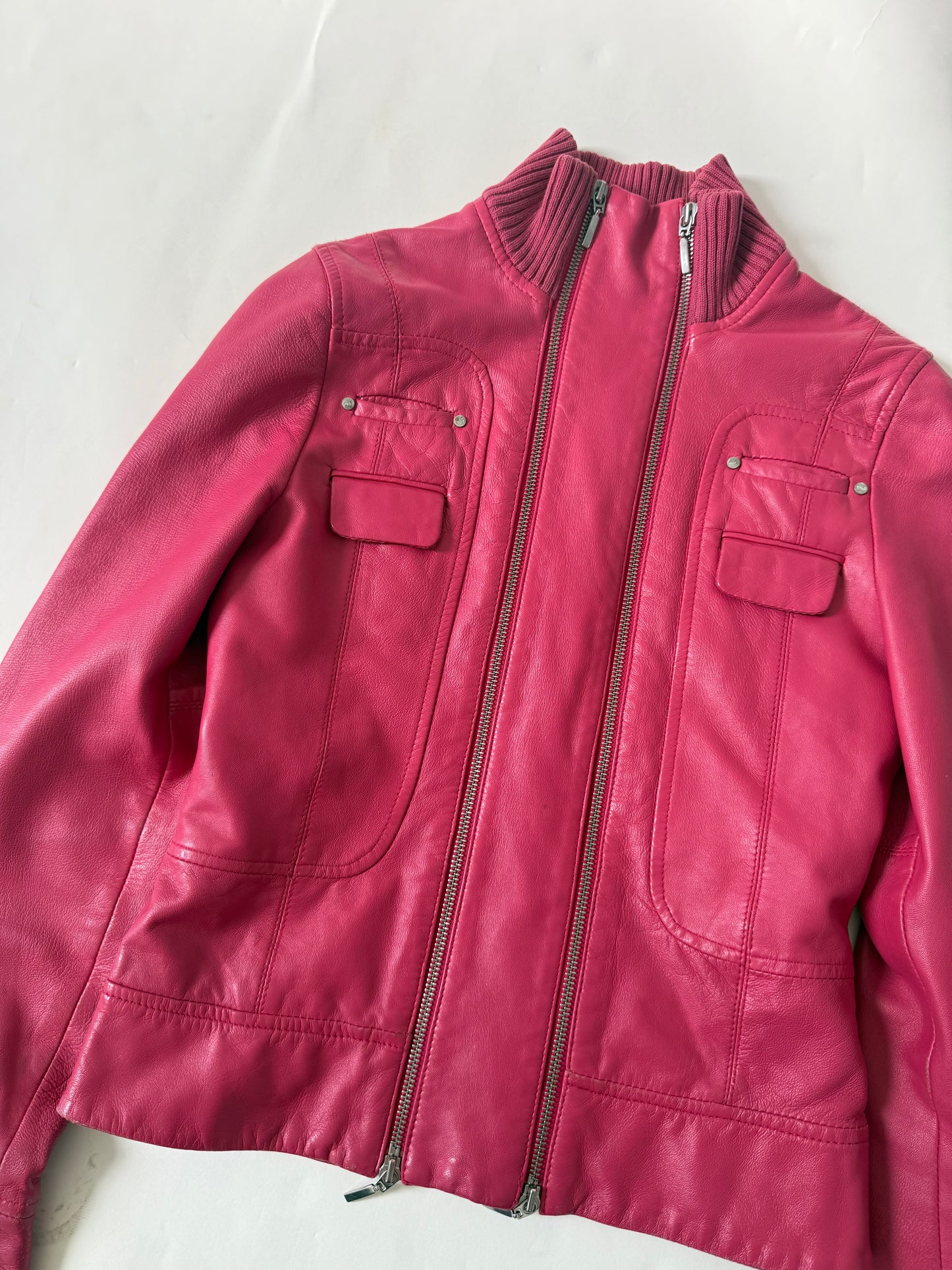 Double Zip Pink Leather Jacket (S)