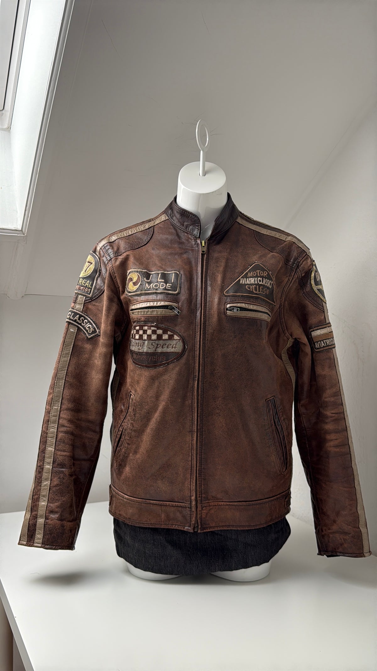 Vintage Leather Racer Biker Jacket (S)