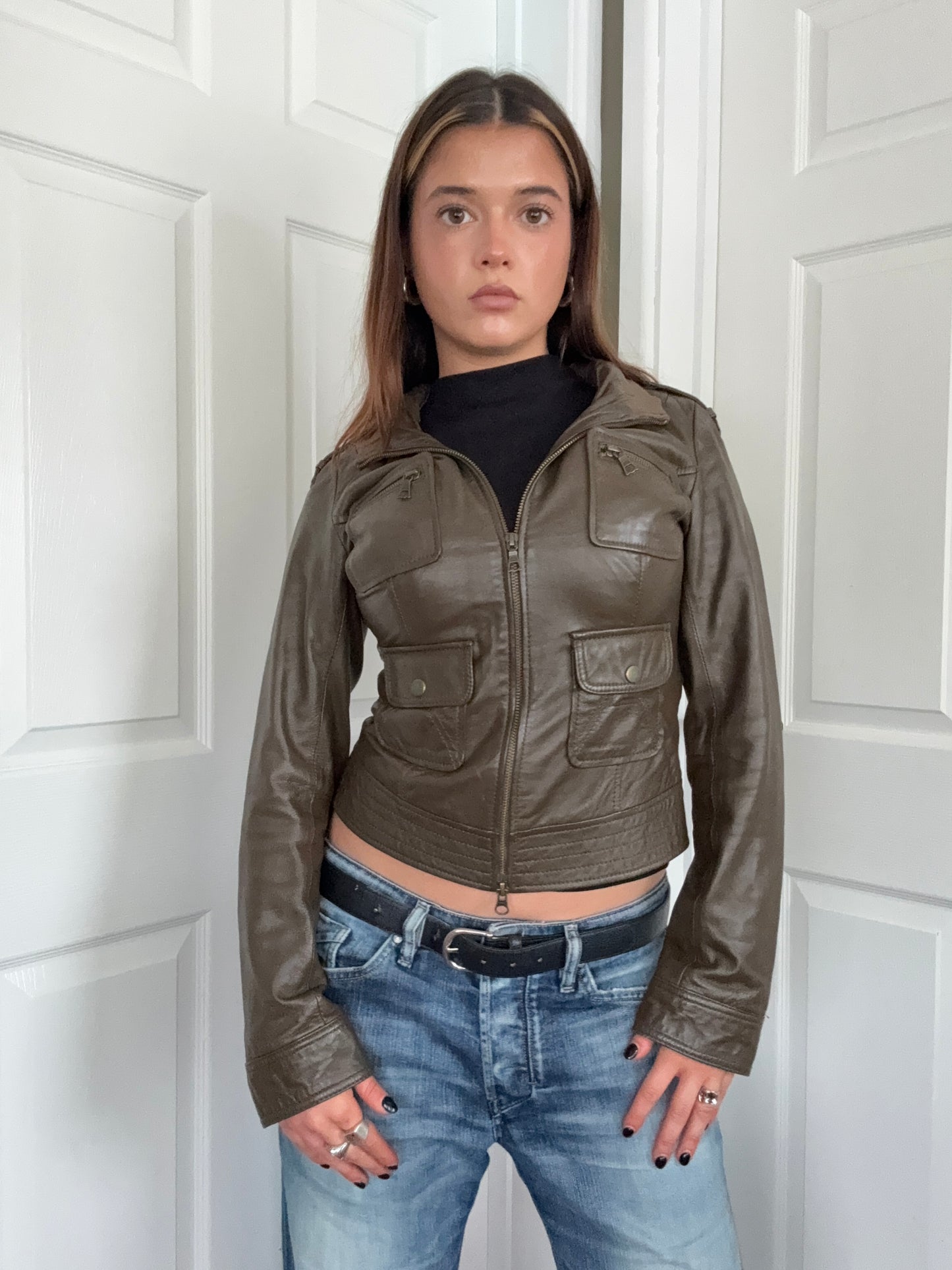 Khaki Leather Cargo Jacket (UK8)
