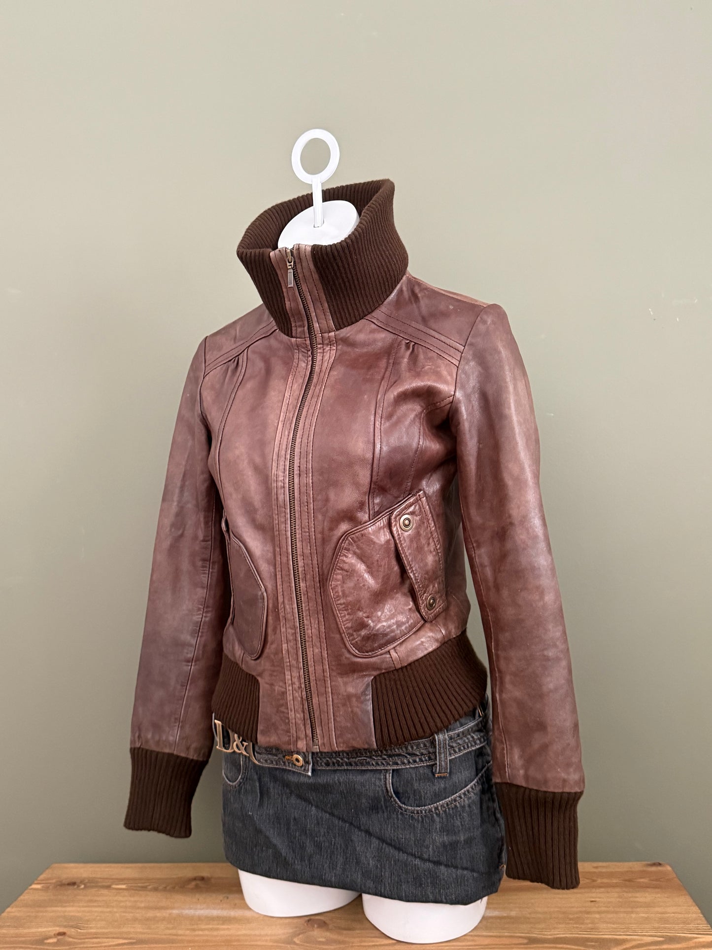 Brown Leather Bomber Jacket (UK10)