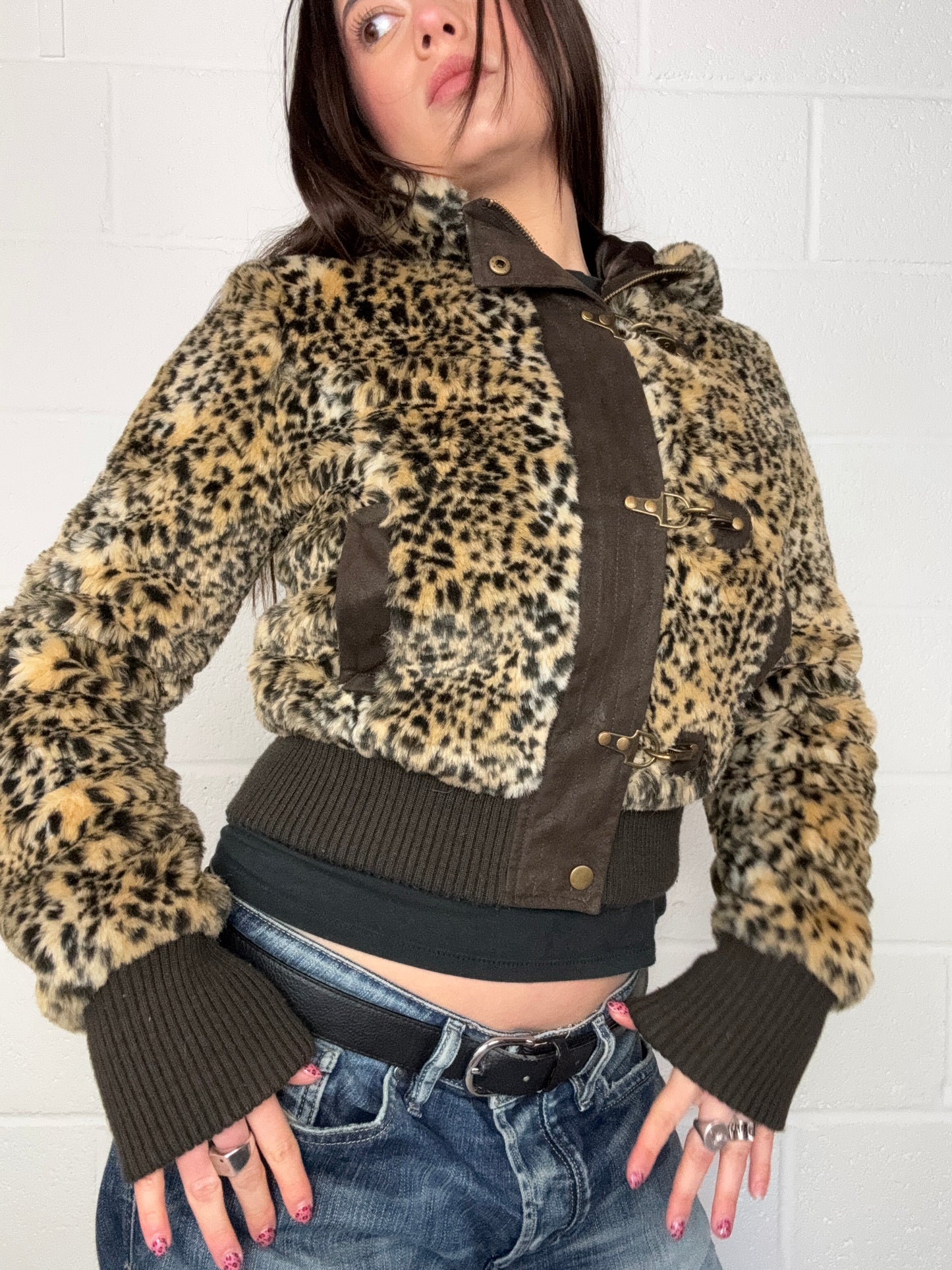 Leopard Faux Fur Bomber Jacket (S)