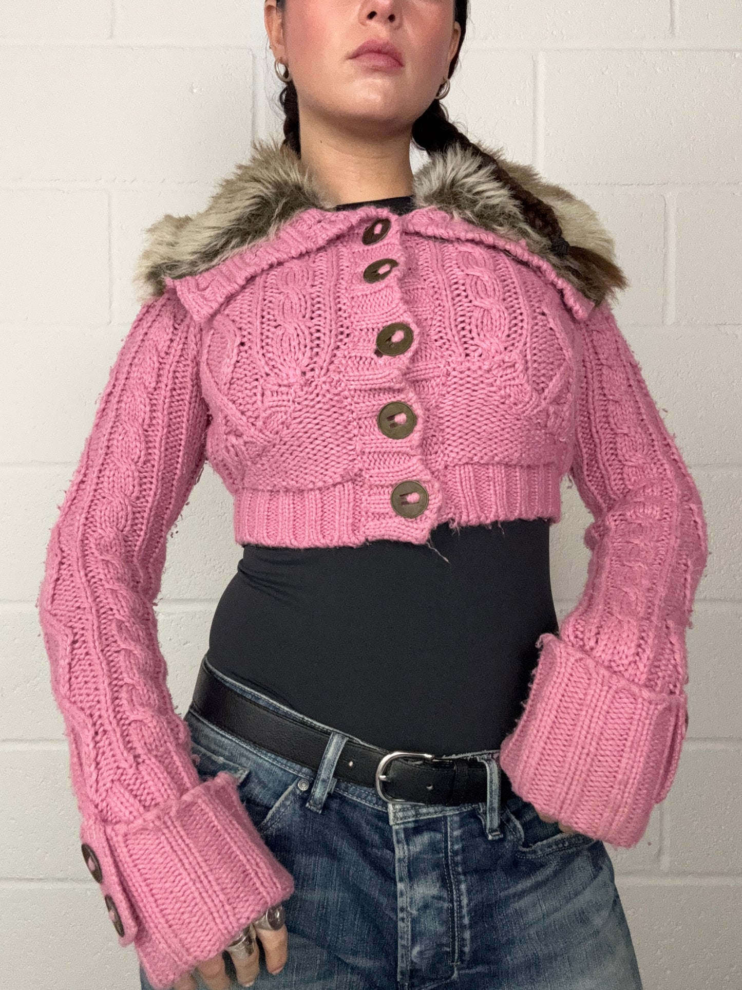 Pink Knitted Y2K Cropped Jumper (UK8)