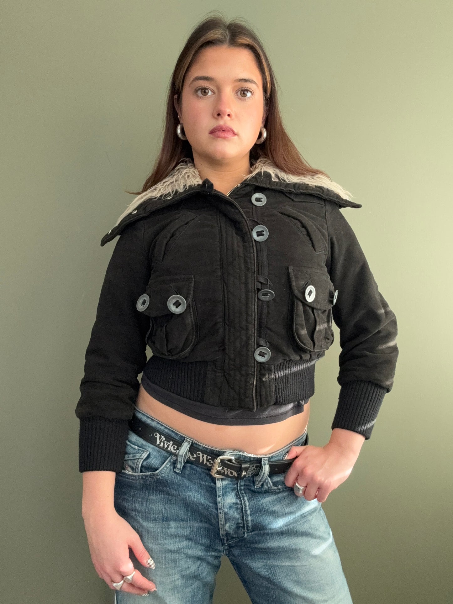 Y2K Cropped Bomber Jacket (XS)