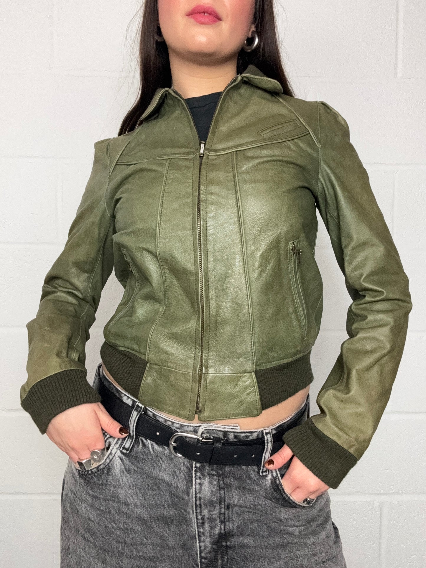 Green Leather Bomber Jacket (UK8)