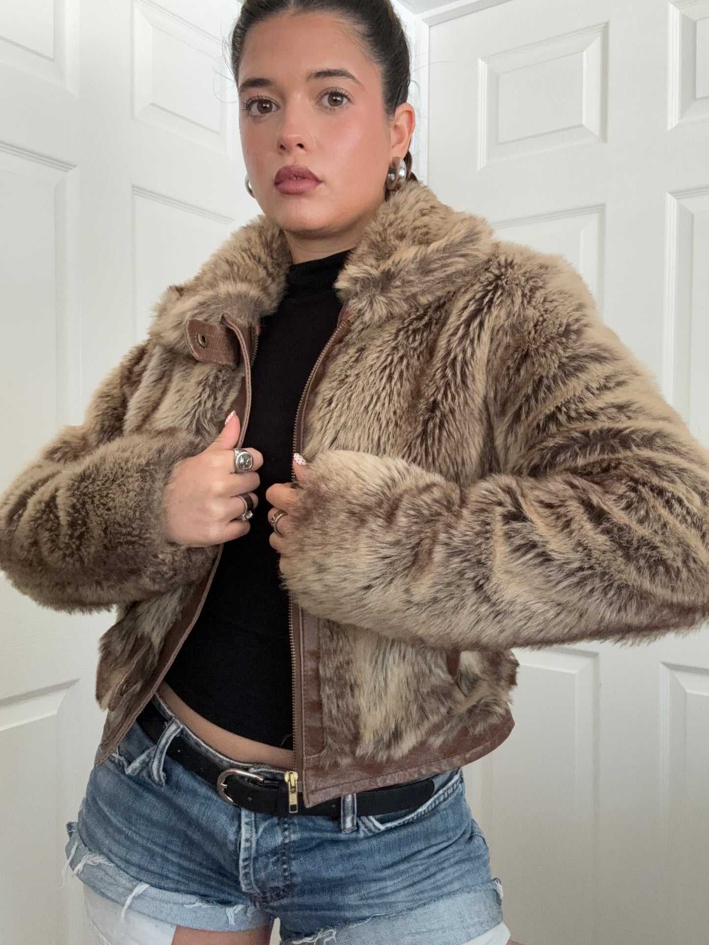 Faux Fur Buckle Bomber Jacket (UK12)