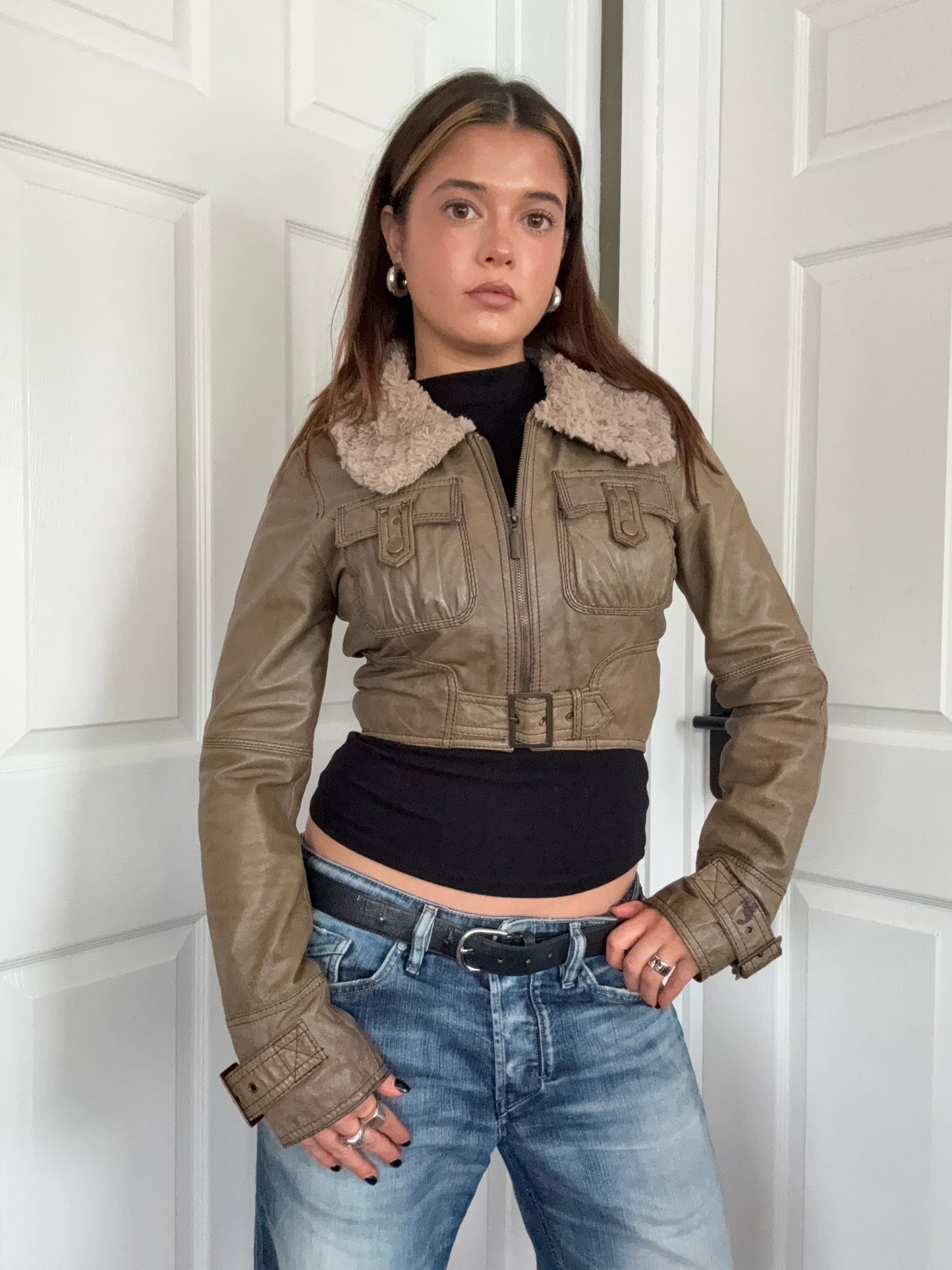 Jane Norman Leather Cropped Jacket (UK10)