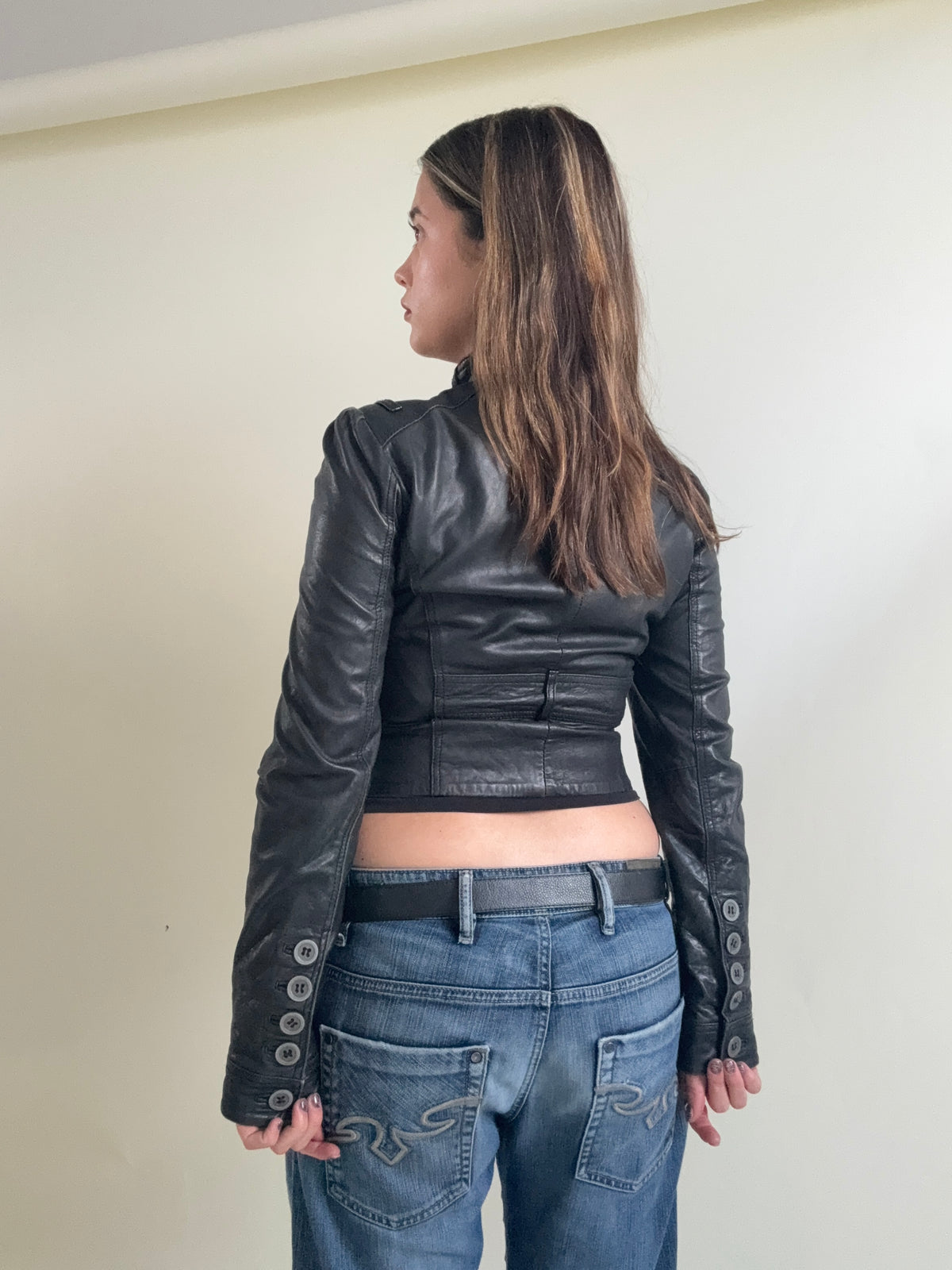 Vintage Asymmetric Leather Button Jacket (XS)