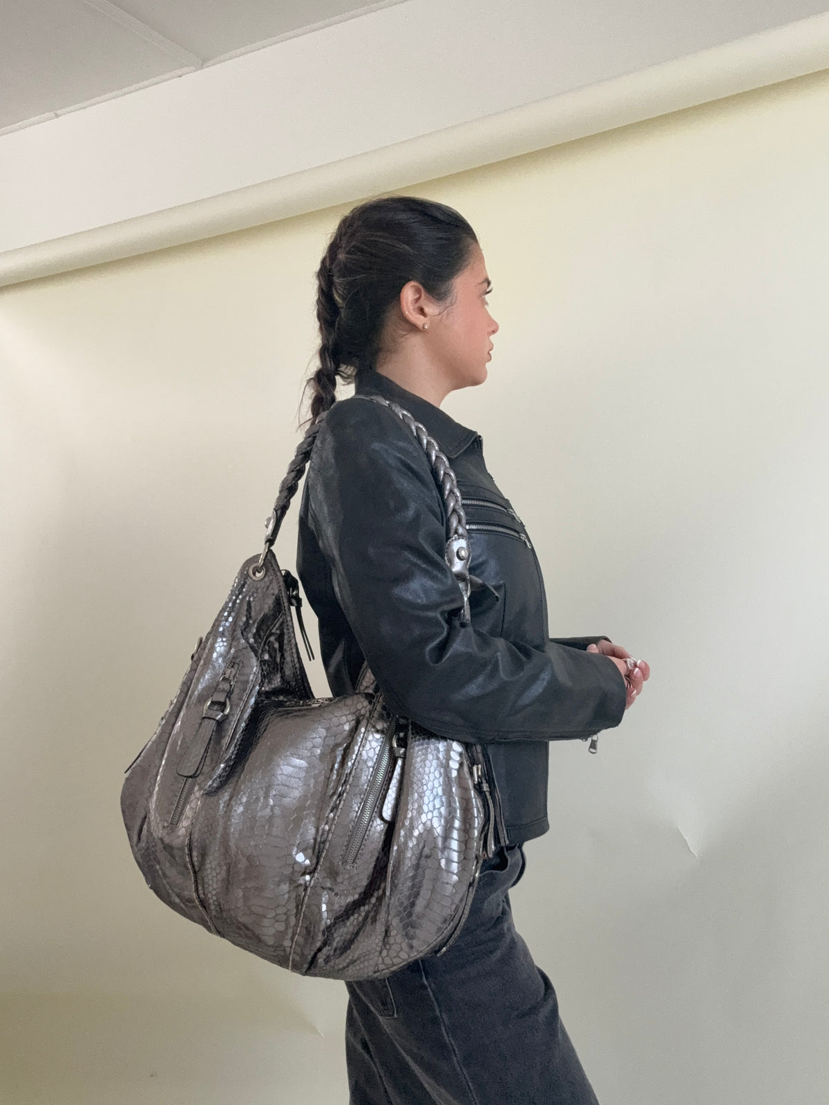 Guess Large Slouchy Metallic Silver Shoulder Bag