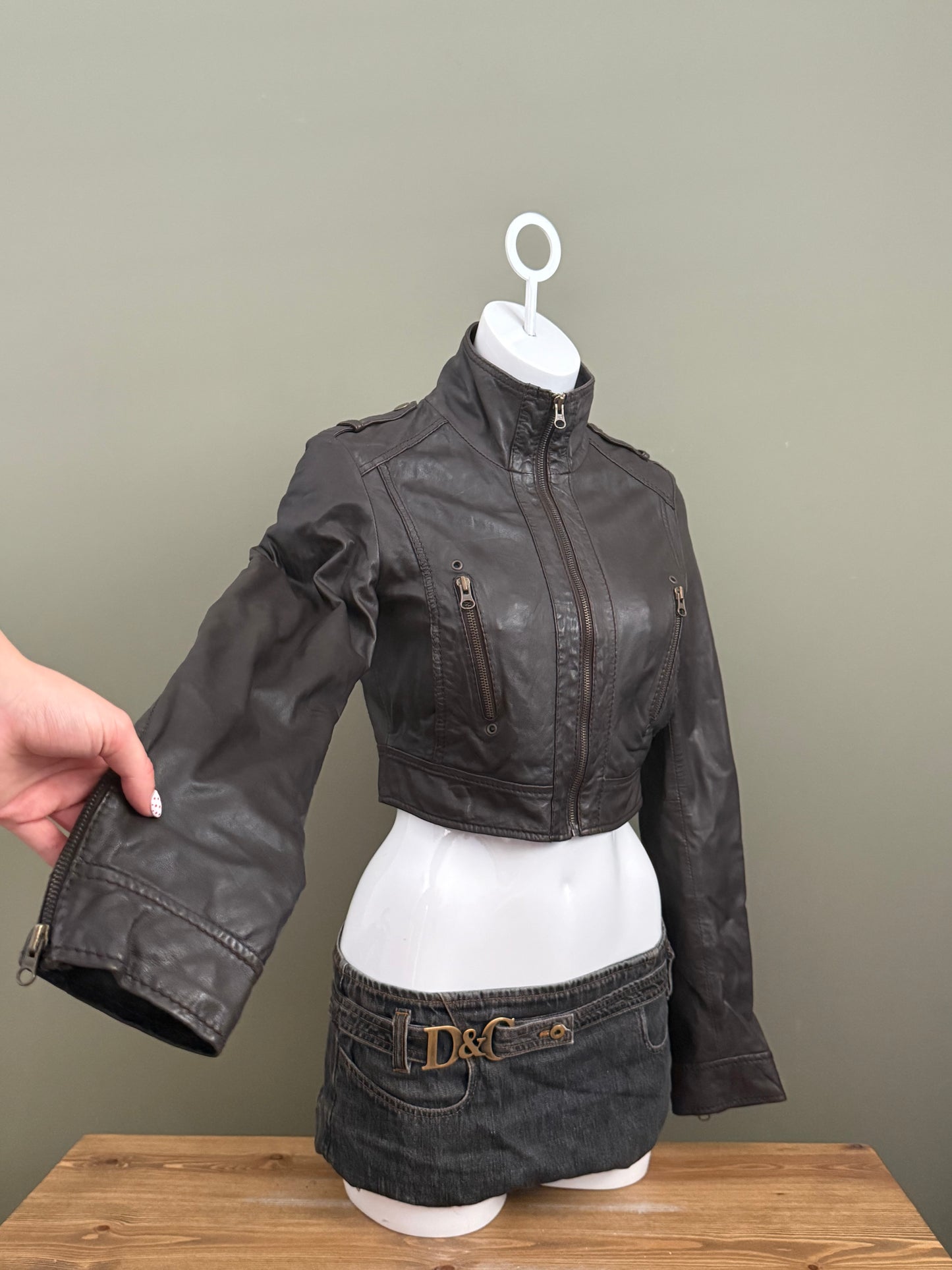 Brown Cropped Leather Jacket (M)
