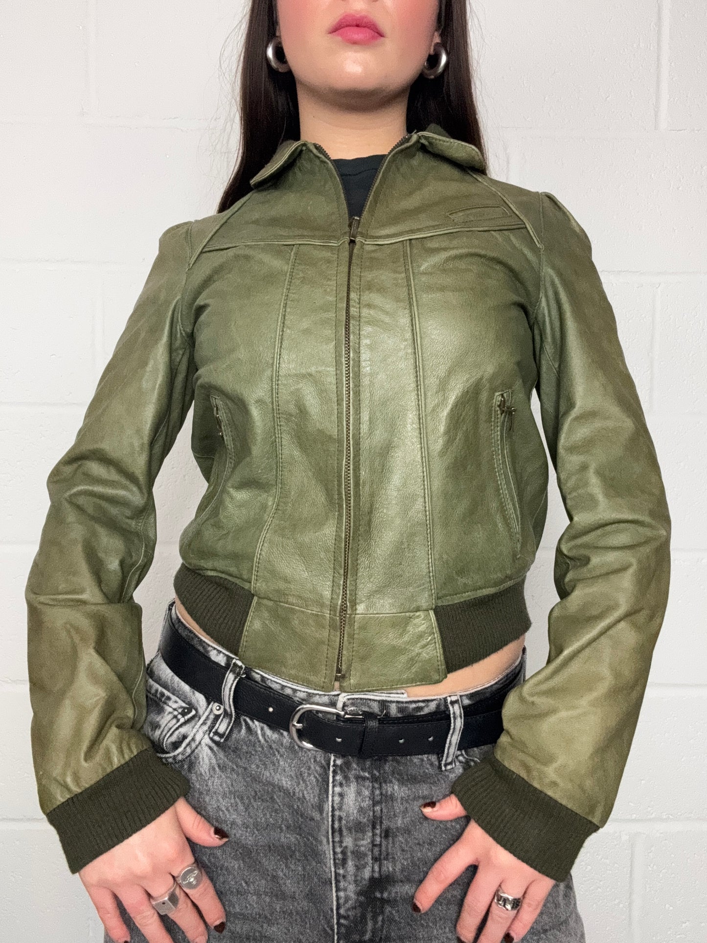 Green Leather Bomber Jacket (UK8)