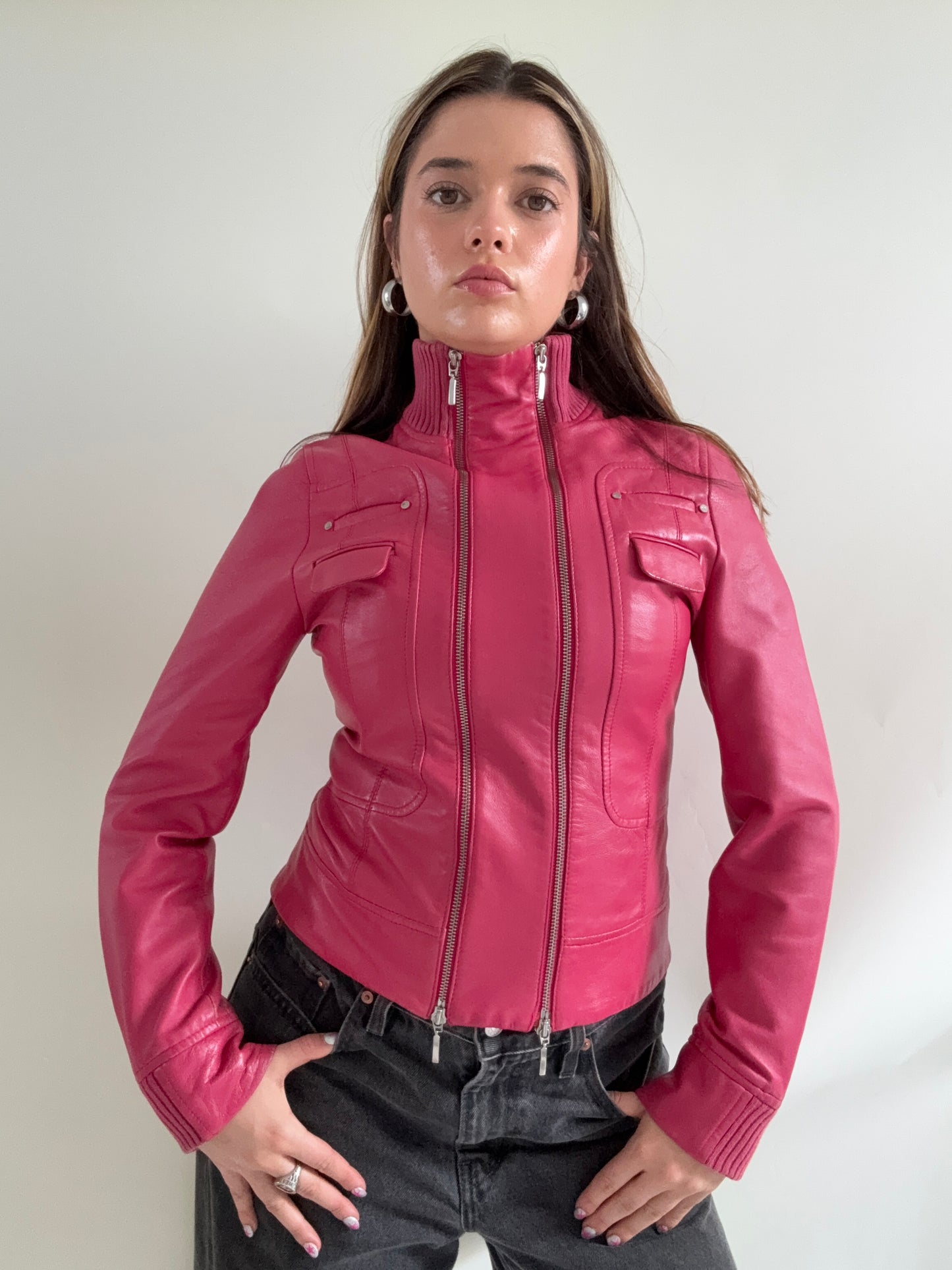 Double Zip Pink Leather Jacket (S)