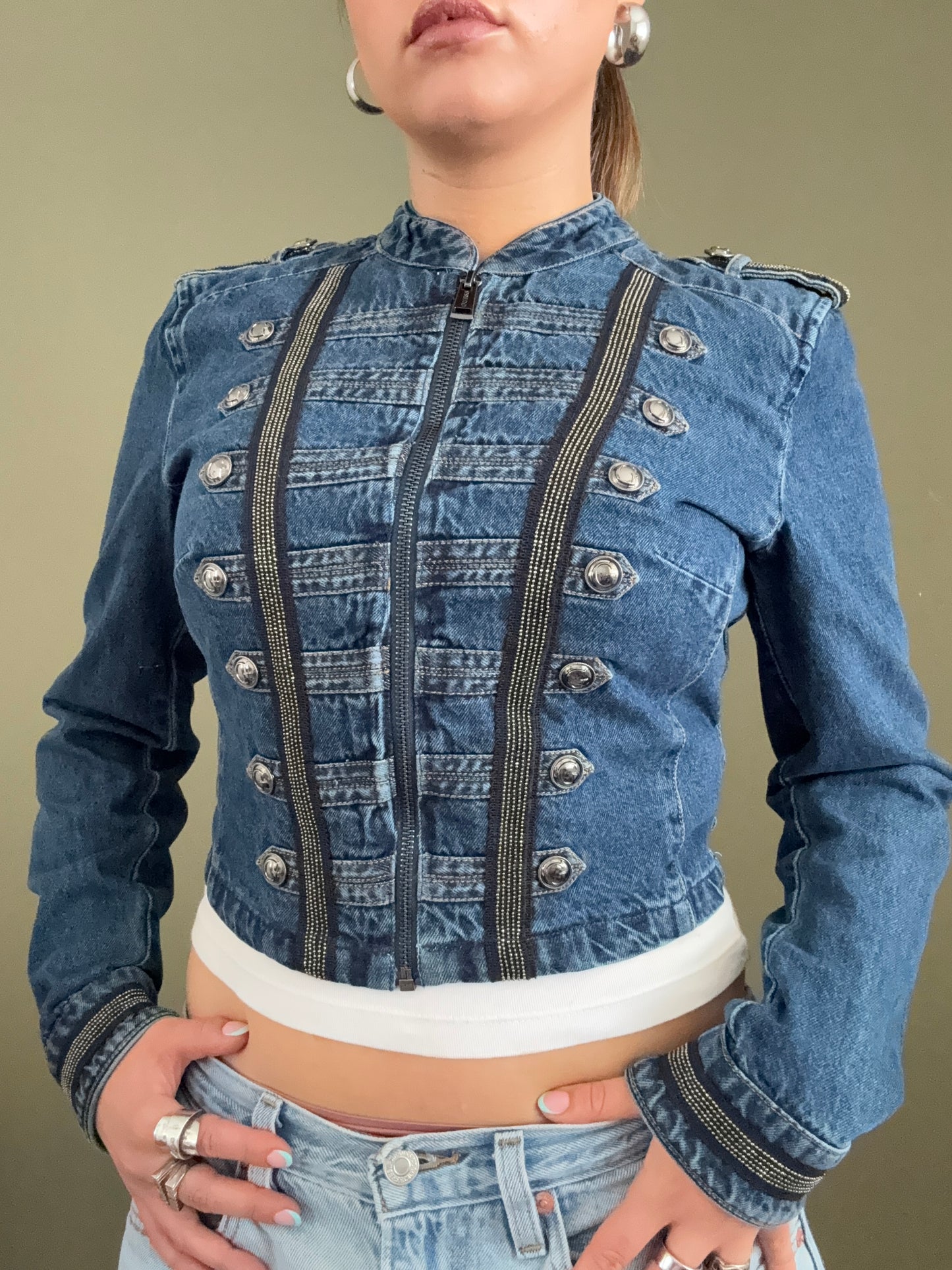 Guess Cropped Denim Military Jacket (S)