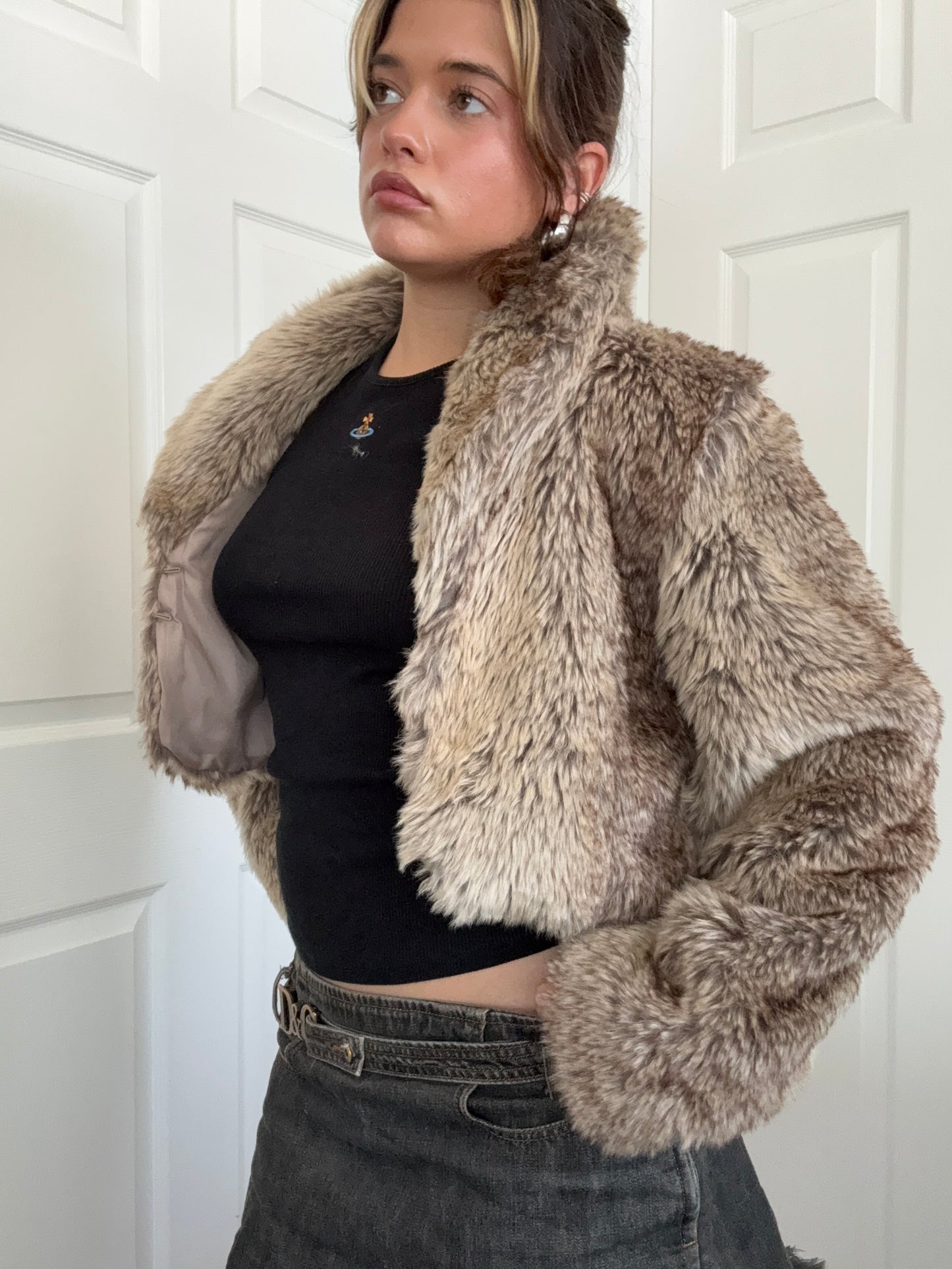 Y2K Faux Fur Cropped Jacket (S)