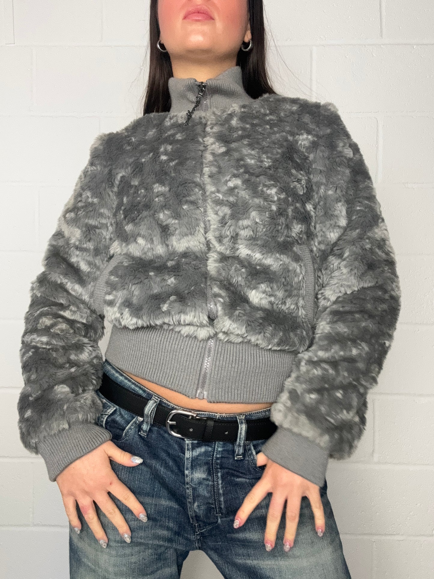 Grey Y2K Faux Fur Jacket