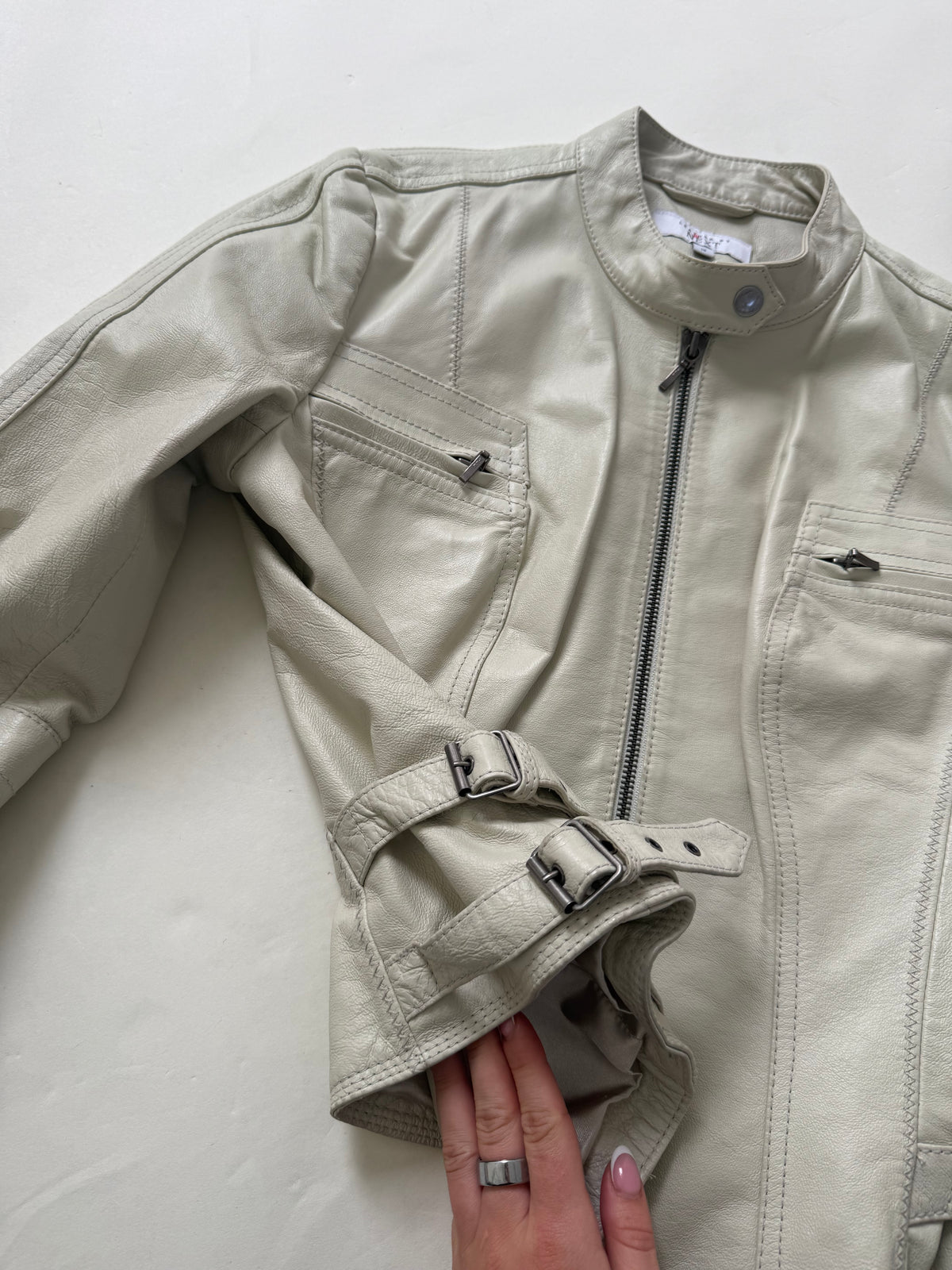 Cream Leather Vintage Buckle Jacket (UK14)