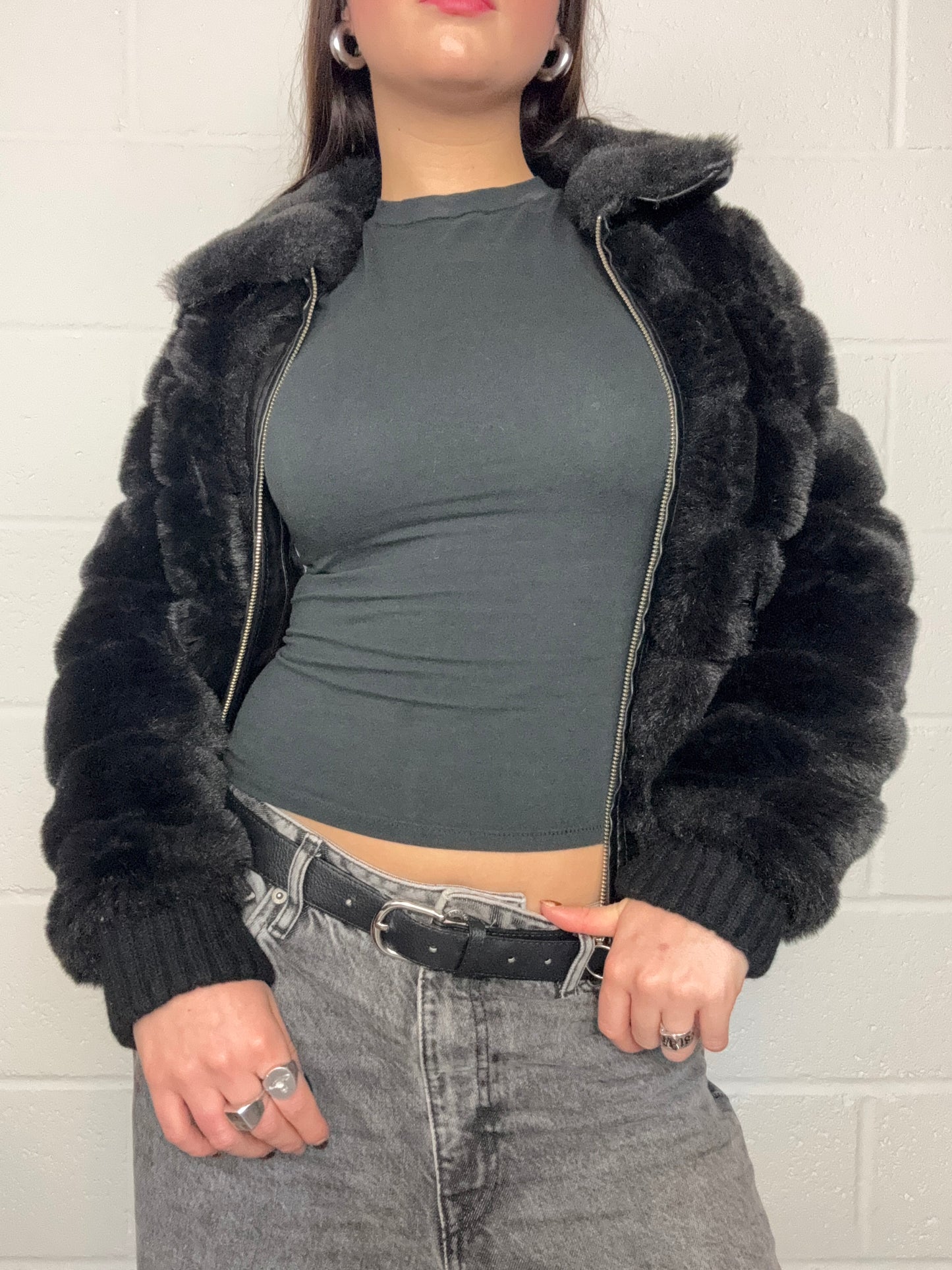 Black Faux Fur Jacket (XS)