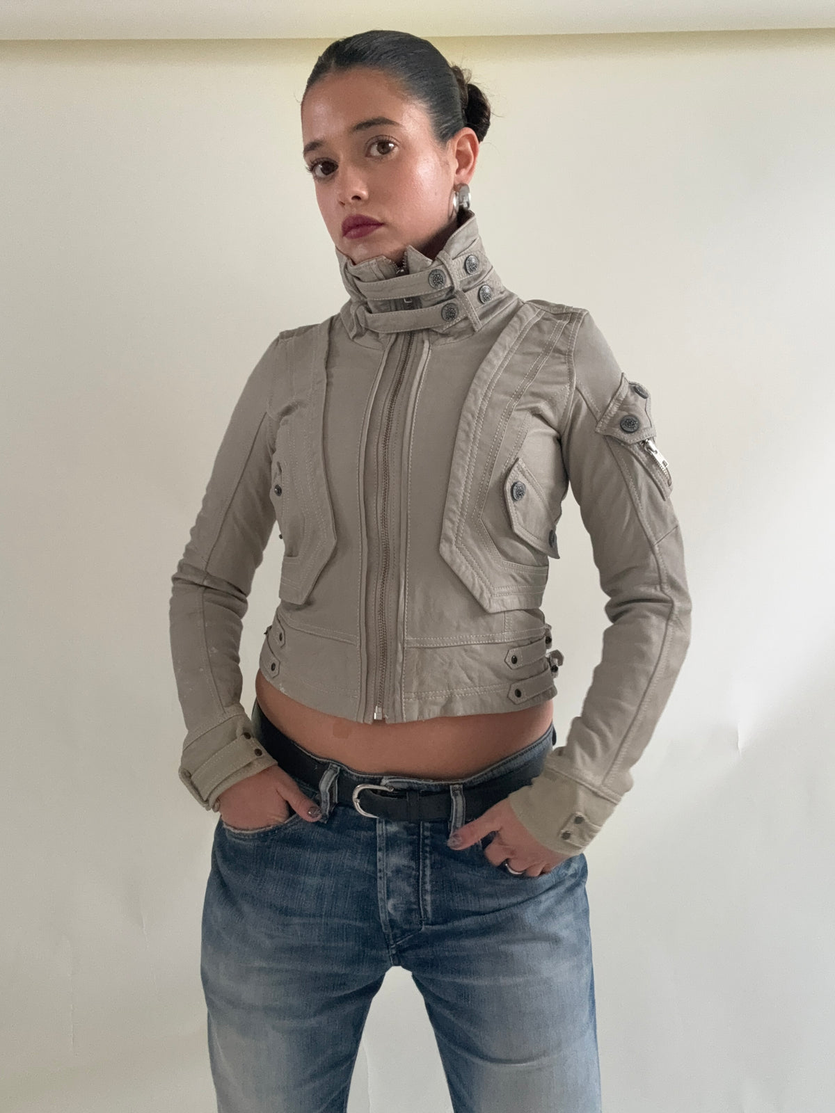 Fitted Leather Cargo Jacket (XS)