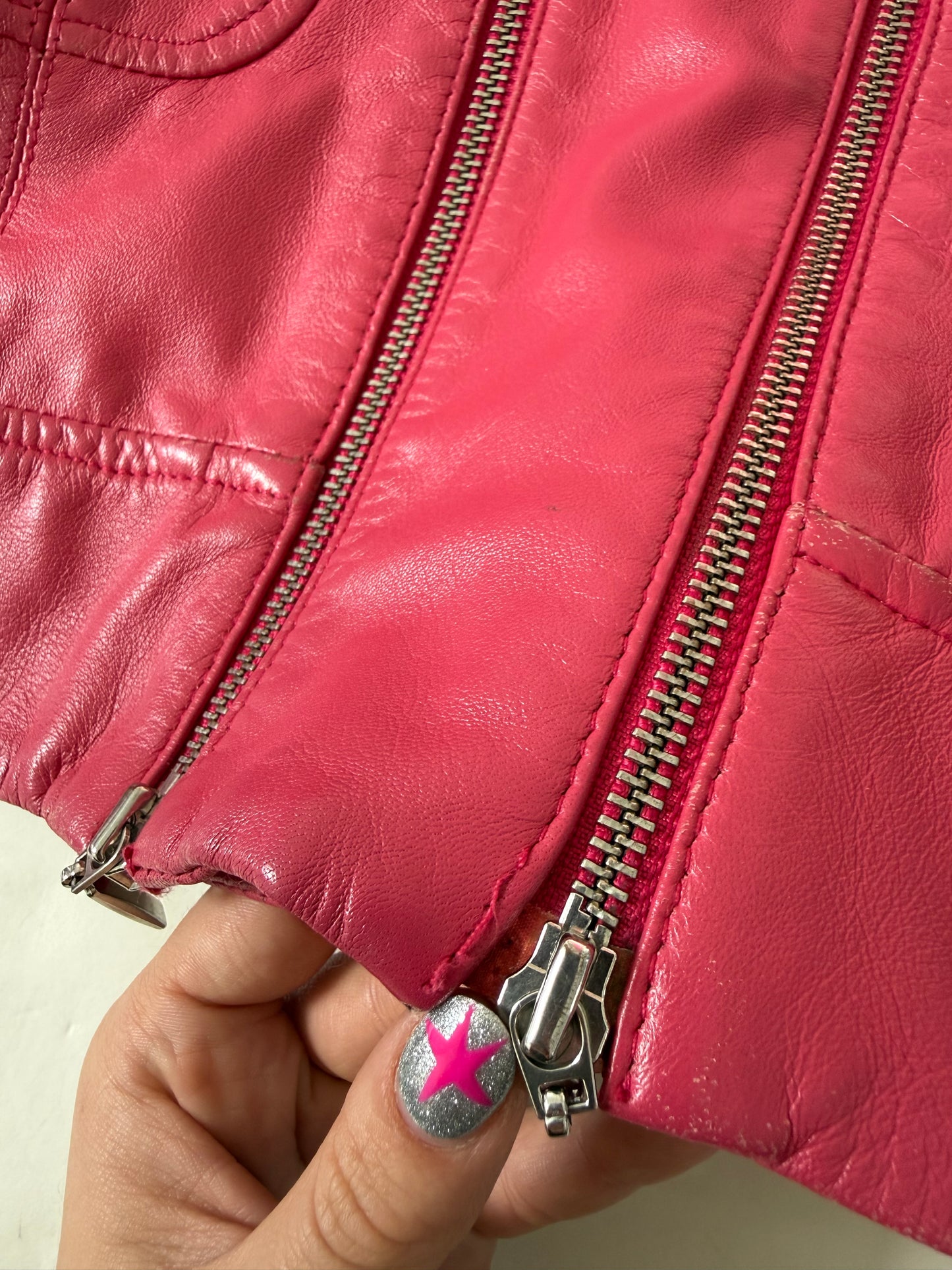 Double Zip Pink Leather Jacket (S)