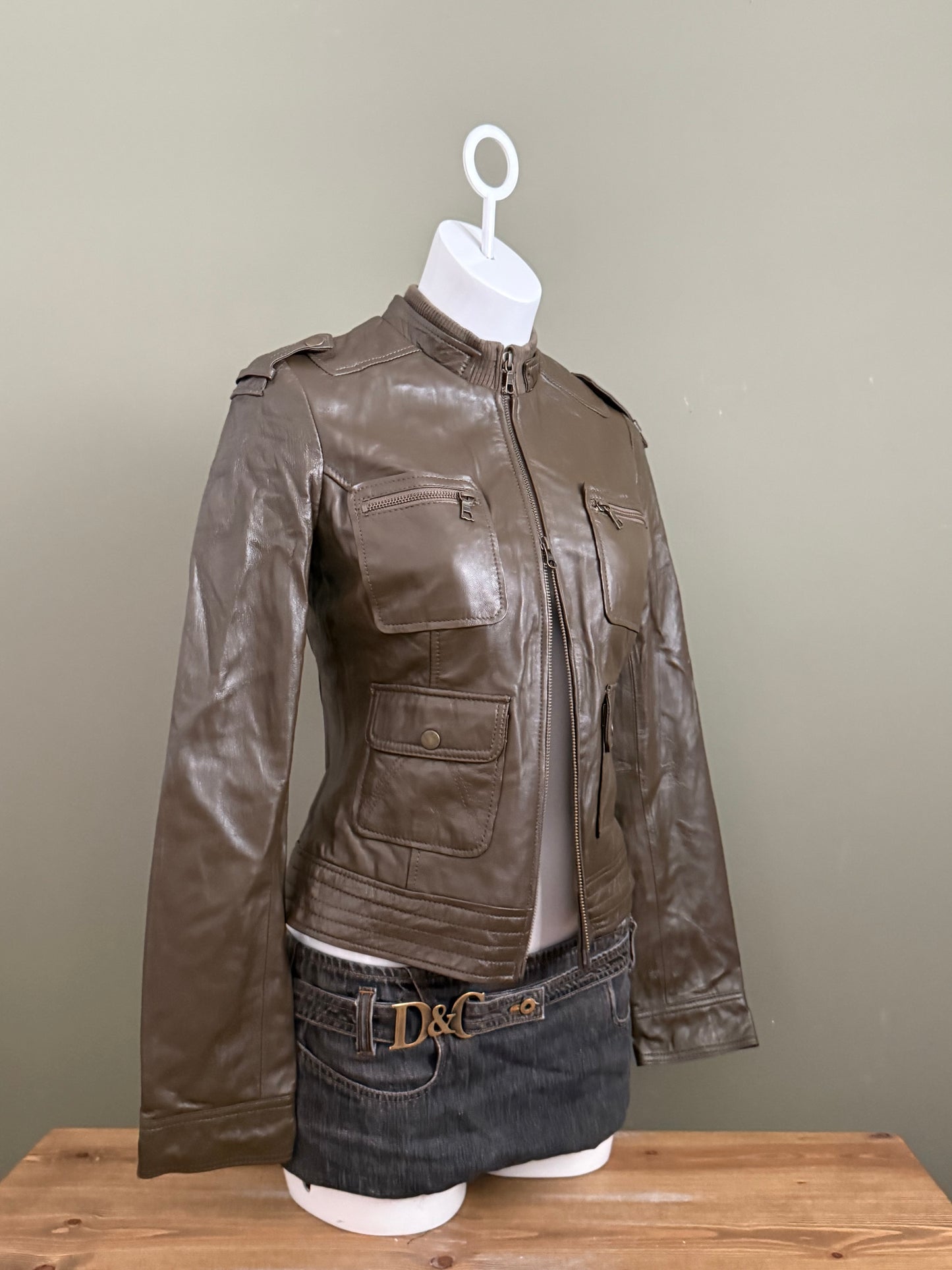 Khaki Cargo Leather Jacket (UK10)
