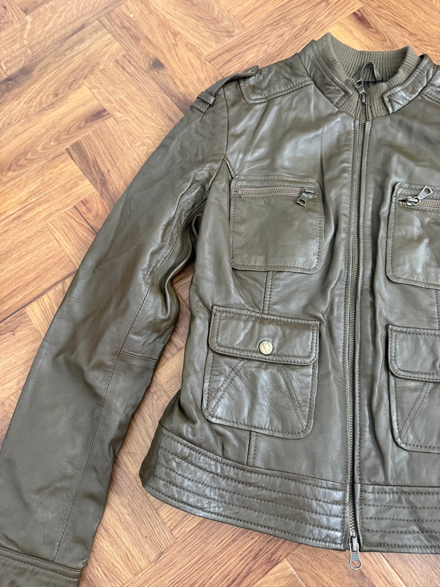 Khaki Cargo Leather Jacket (UK10)