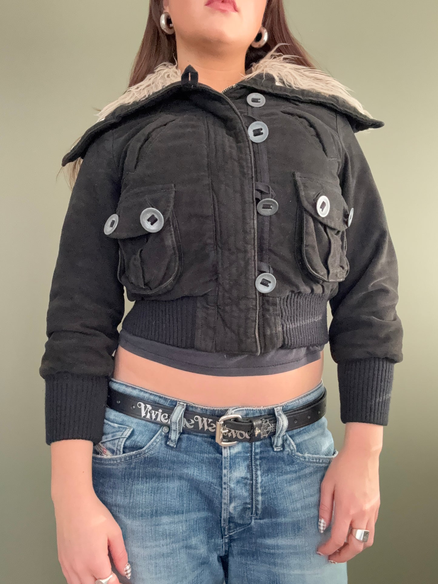 Y2K Cropped Bomber Jacket (XS)