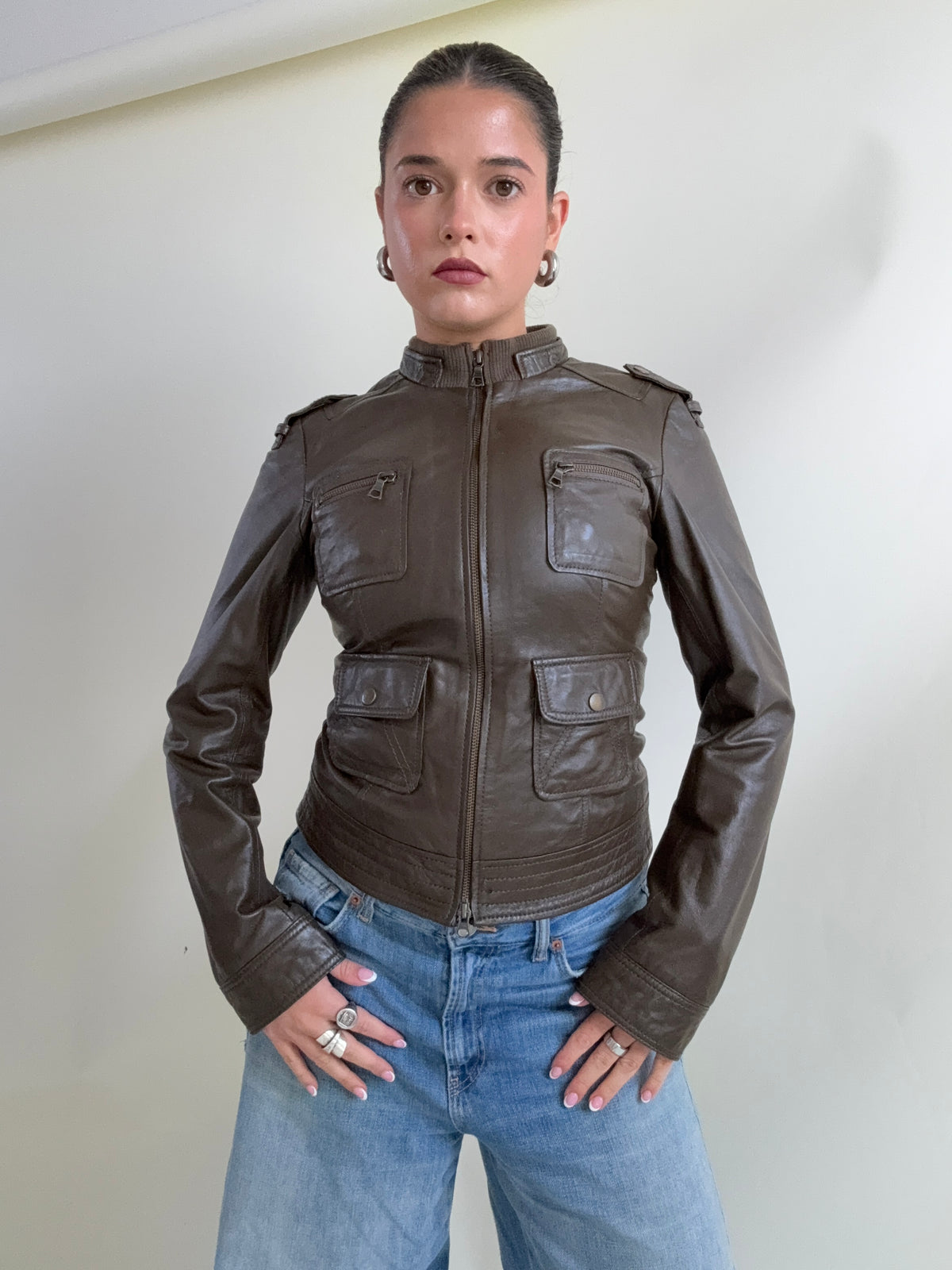 Khaki Leather Cargo Jacket (UK8)