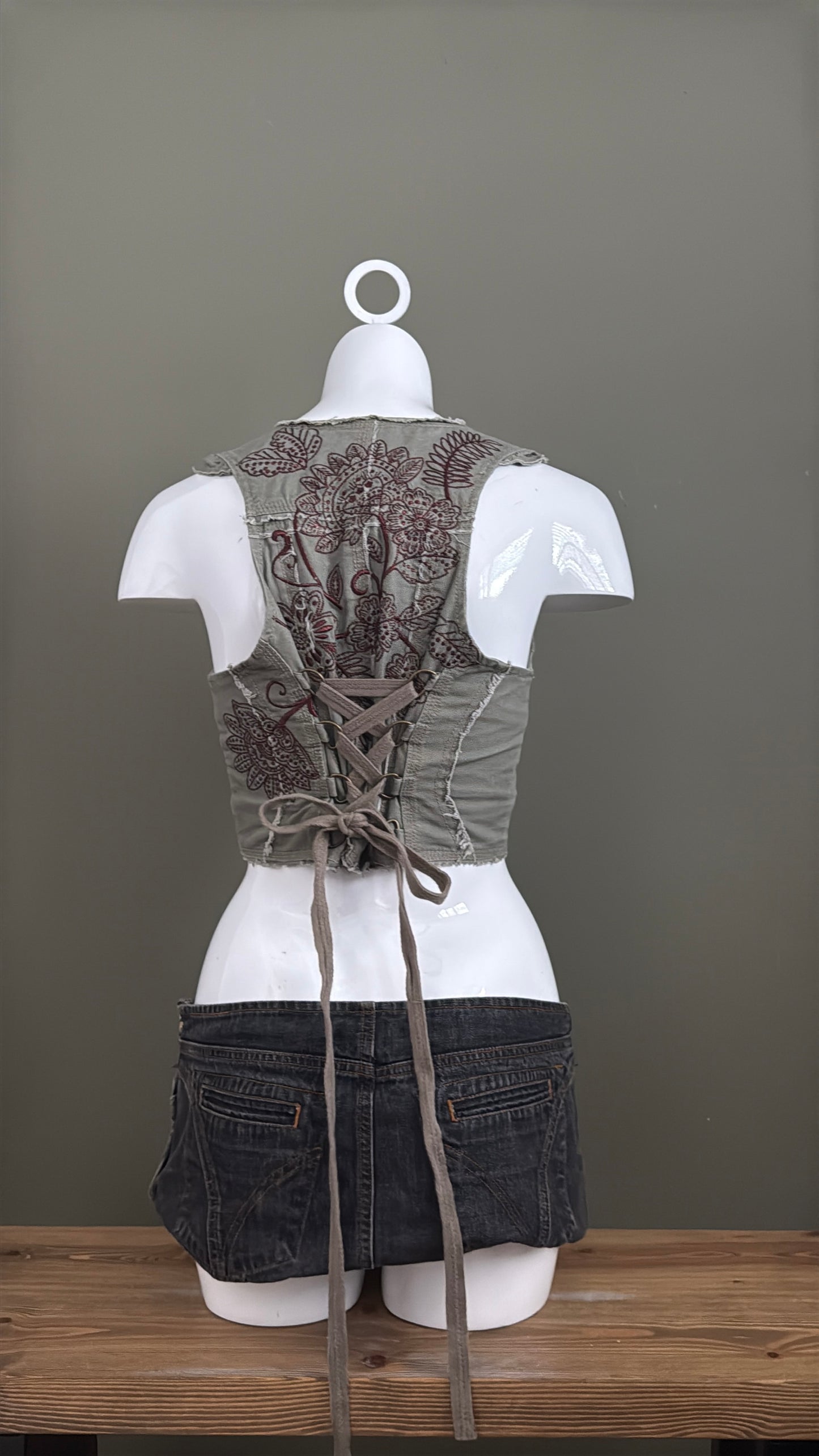 Khaki Cropped Corset Embroidered Waistcoat (UK12)