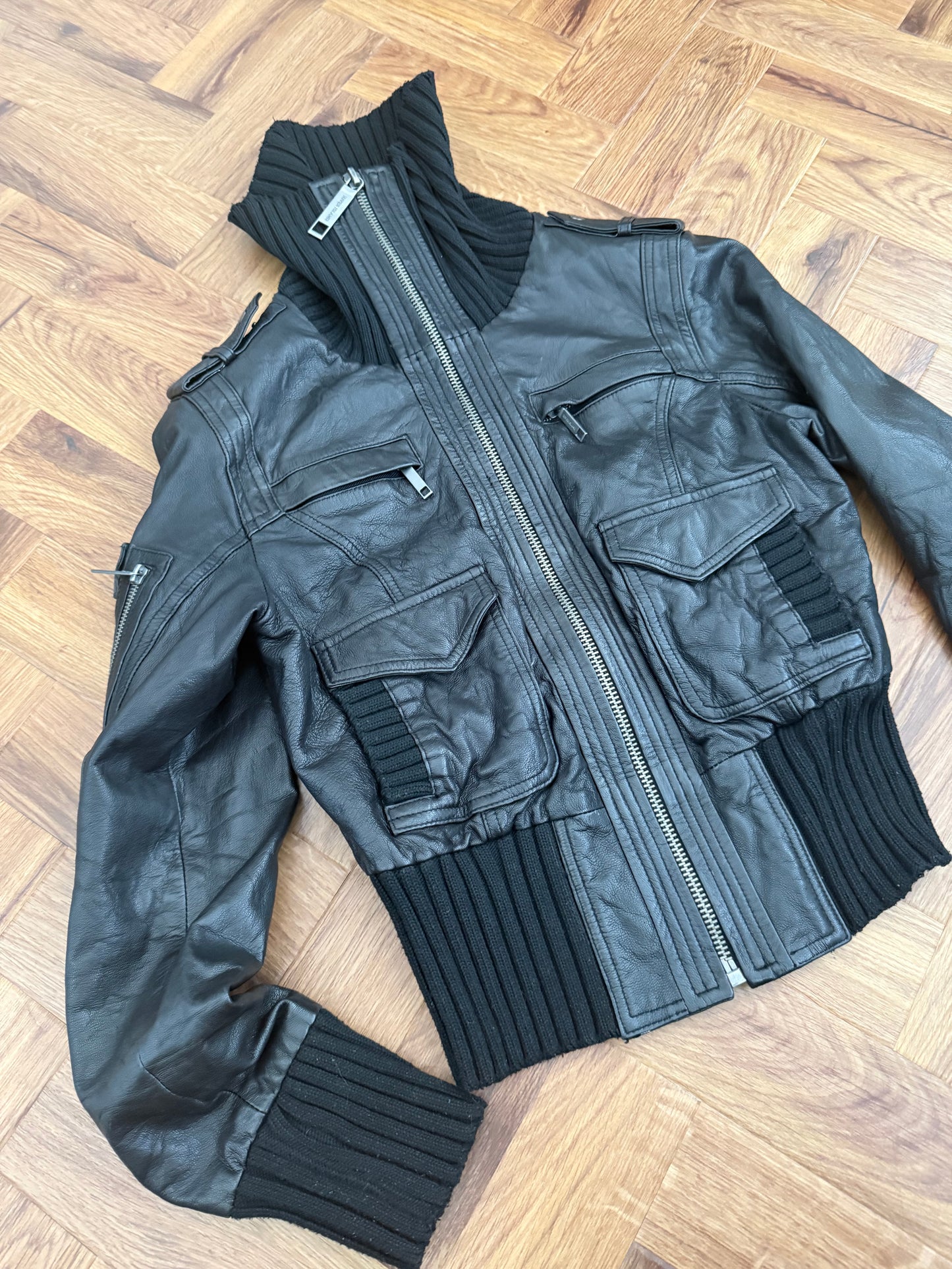 Leather Cargo Bomber Jacket (UK12)
