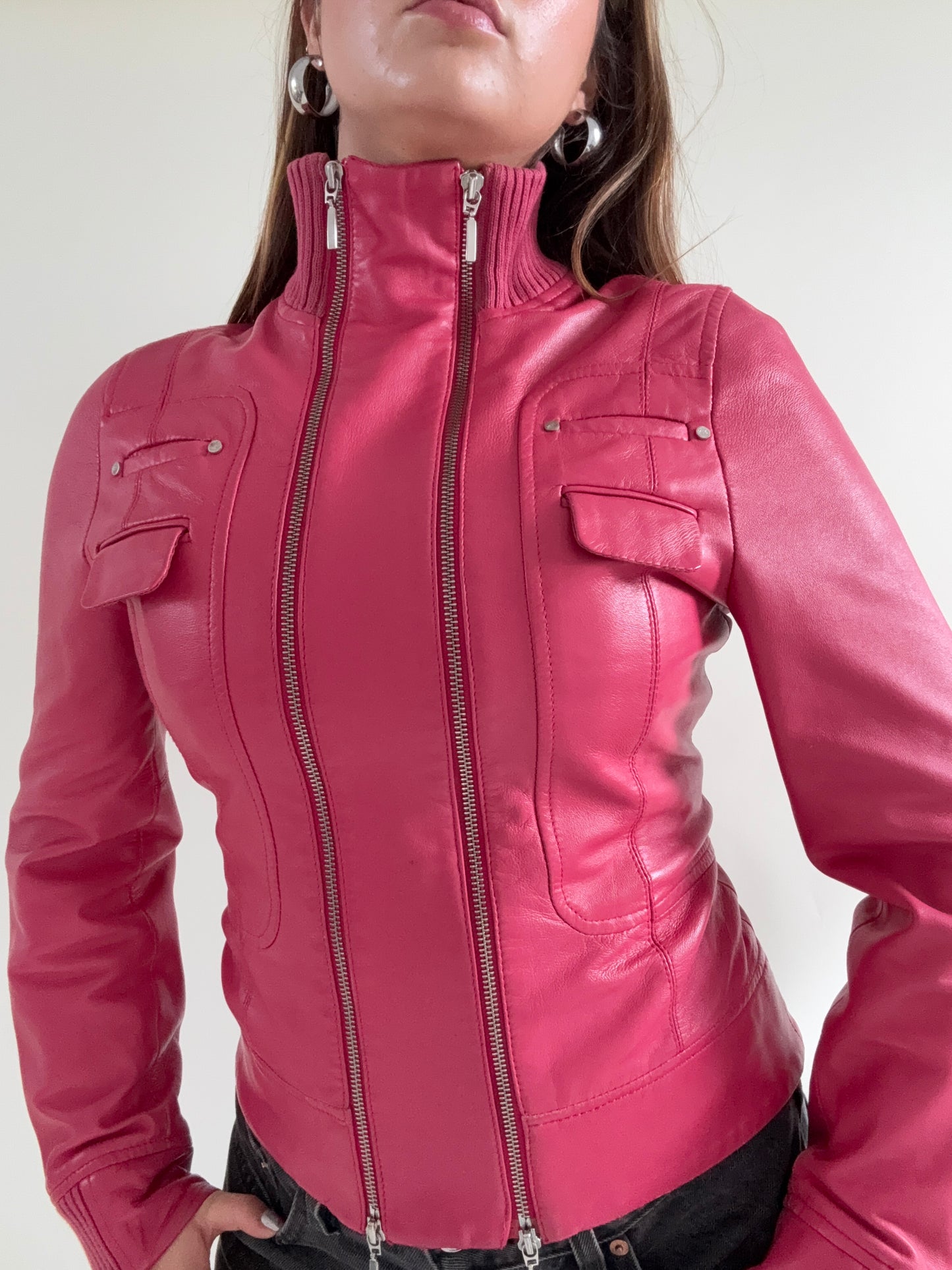 Double Zip Pink Leather Jacket (S)