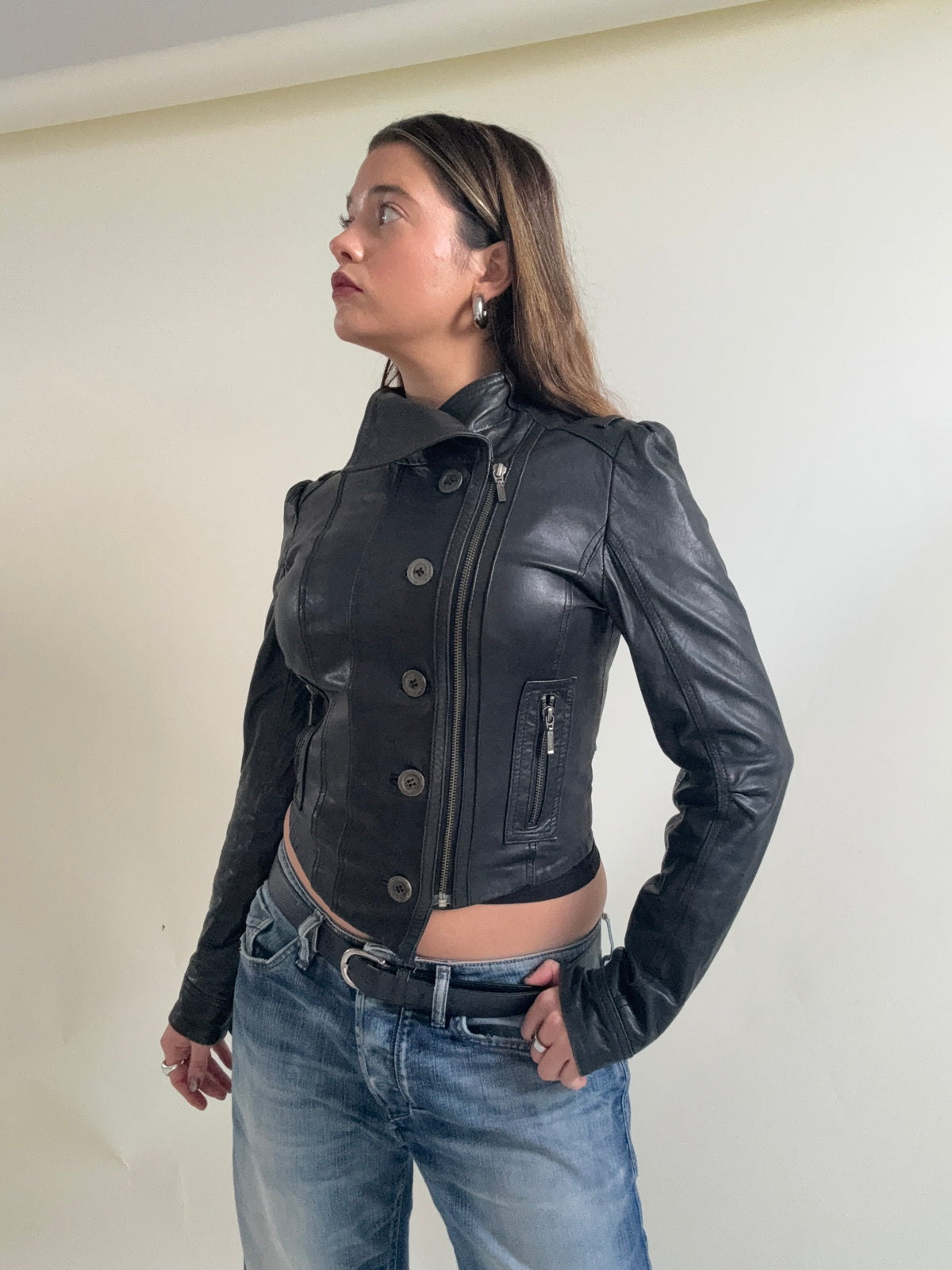 Vintage Asymmetric Leather Button Jacket (XS)