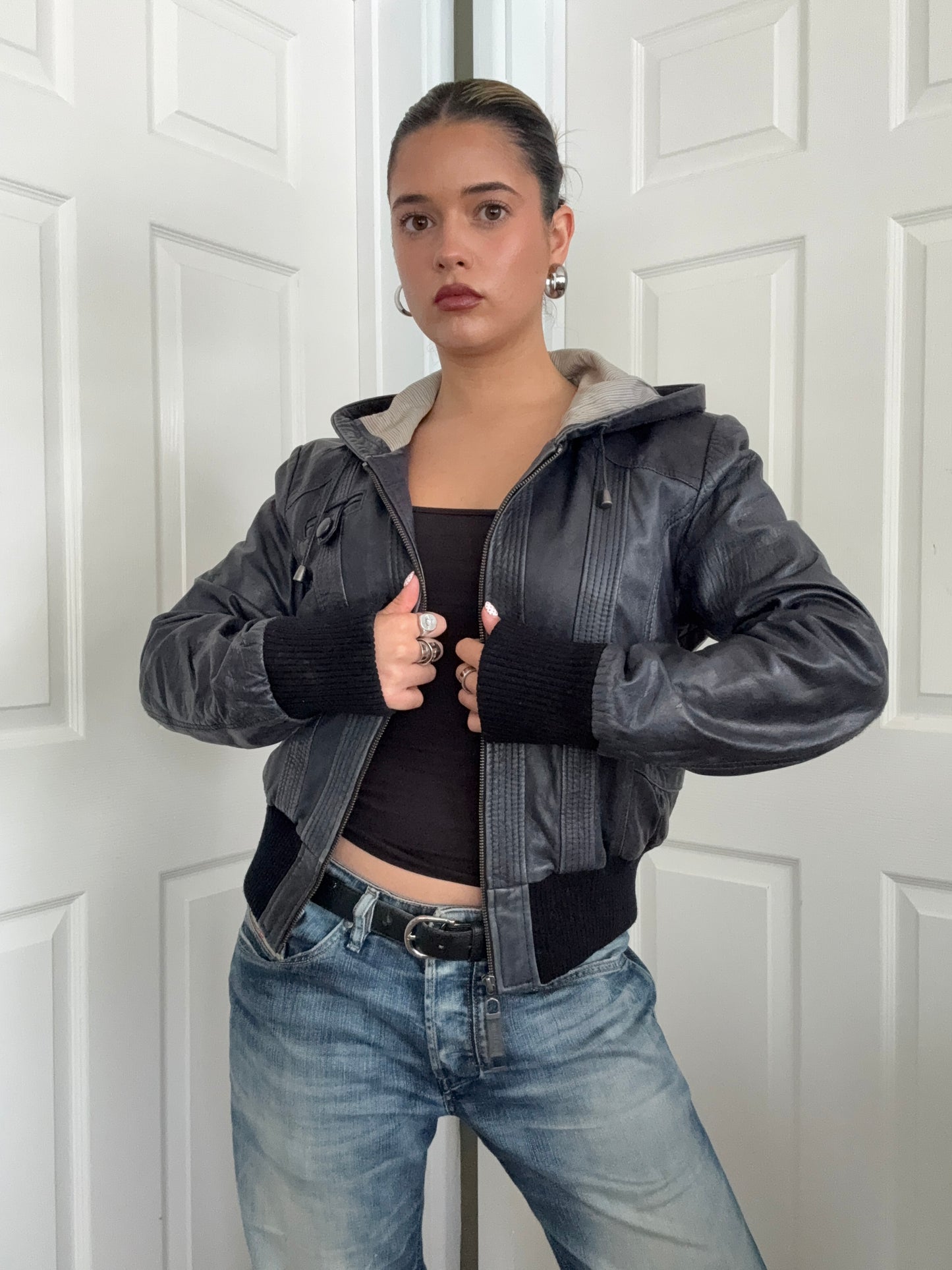 Leather Hooded Bomber Jacket (UK14)