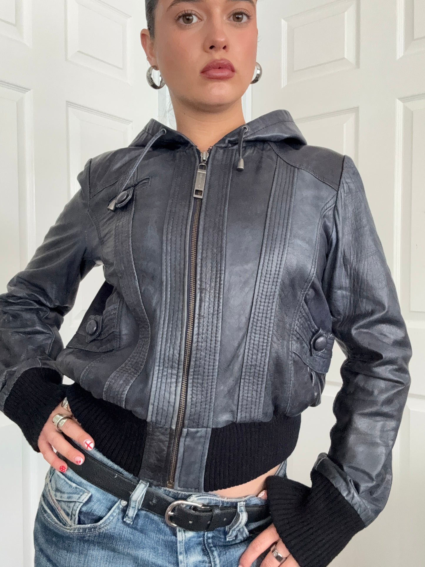 Leather Hooded Bomber Jacket (UK14)