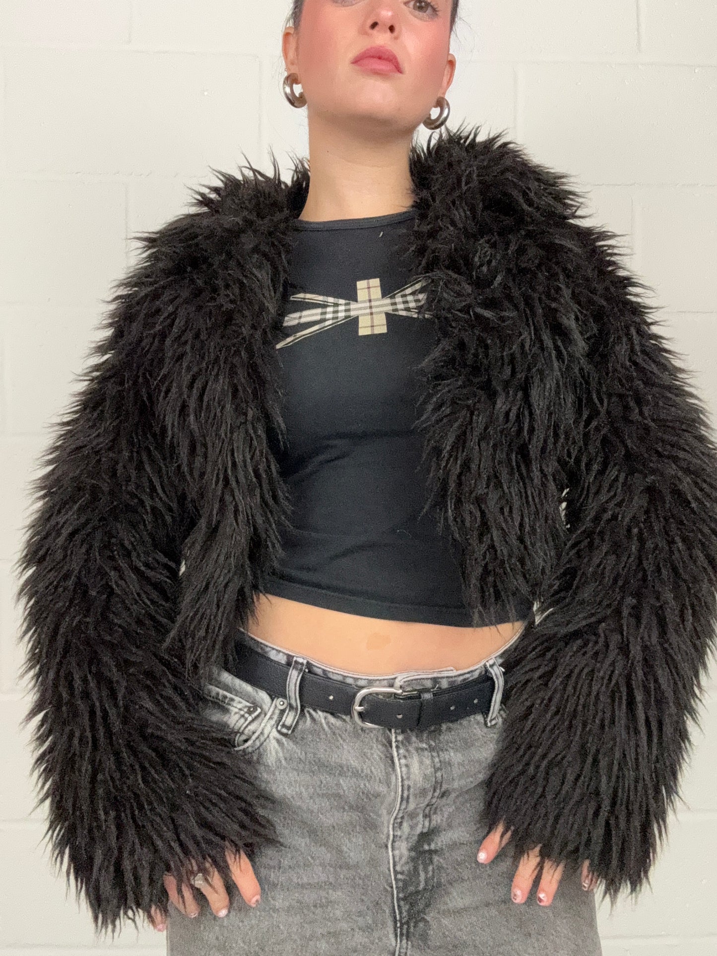 Black Faux Fur Shaggy Jacket (UK10)