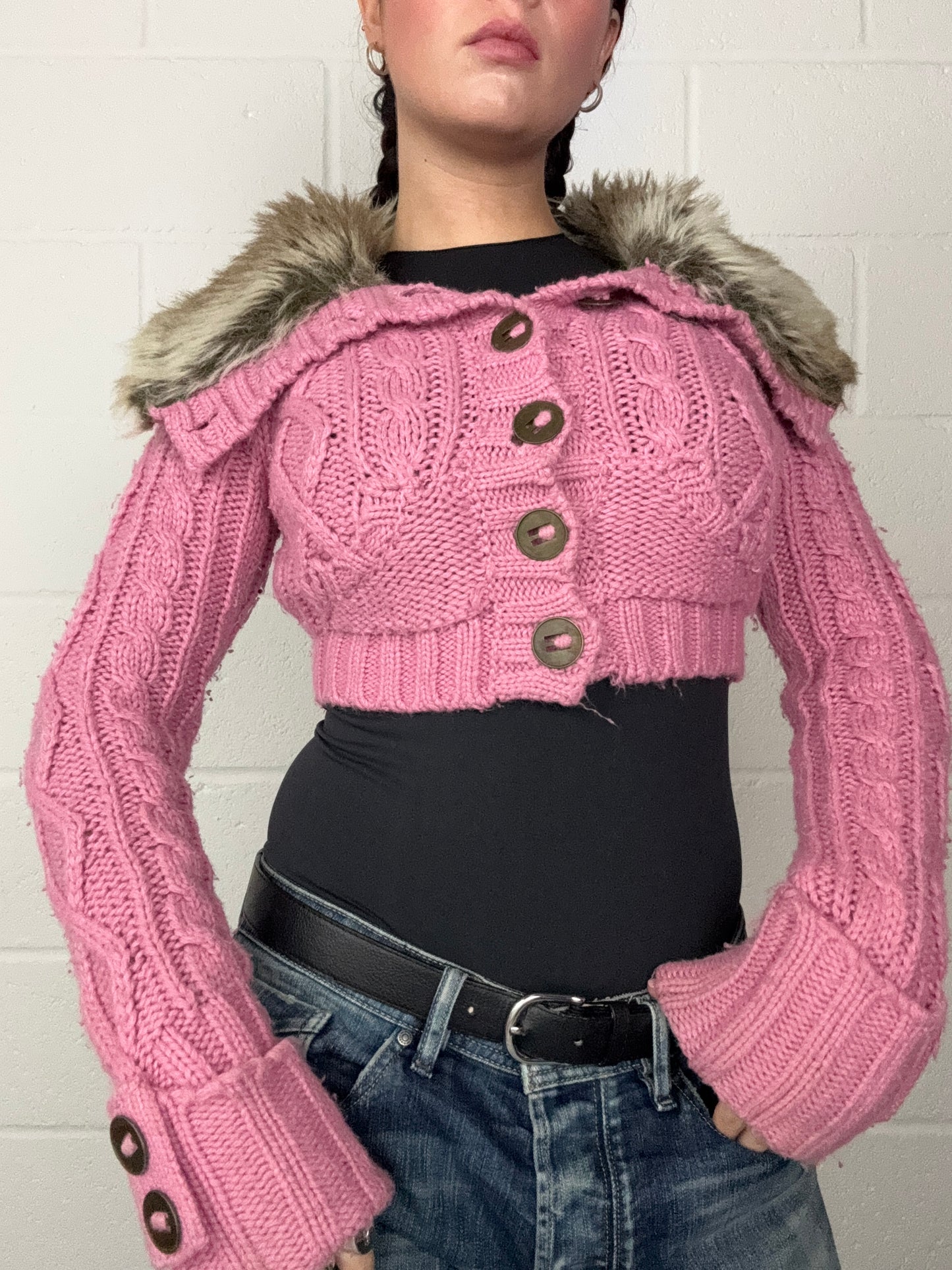 Pink Knitted Y2K Cropped Jumper (UK8)