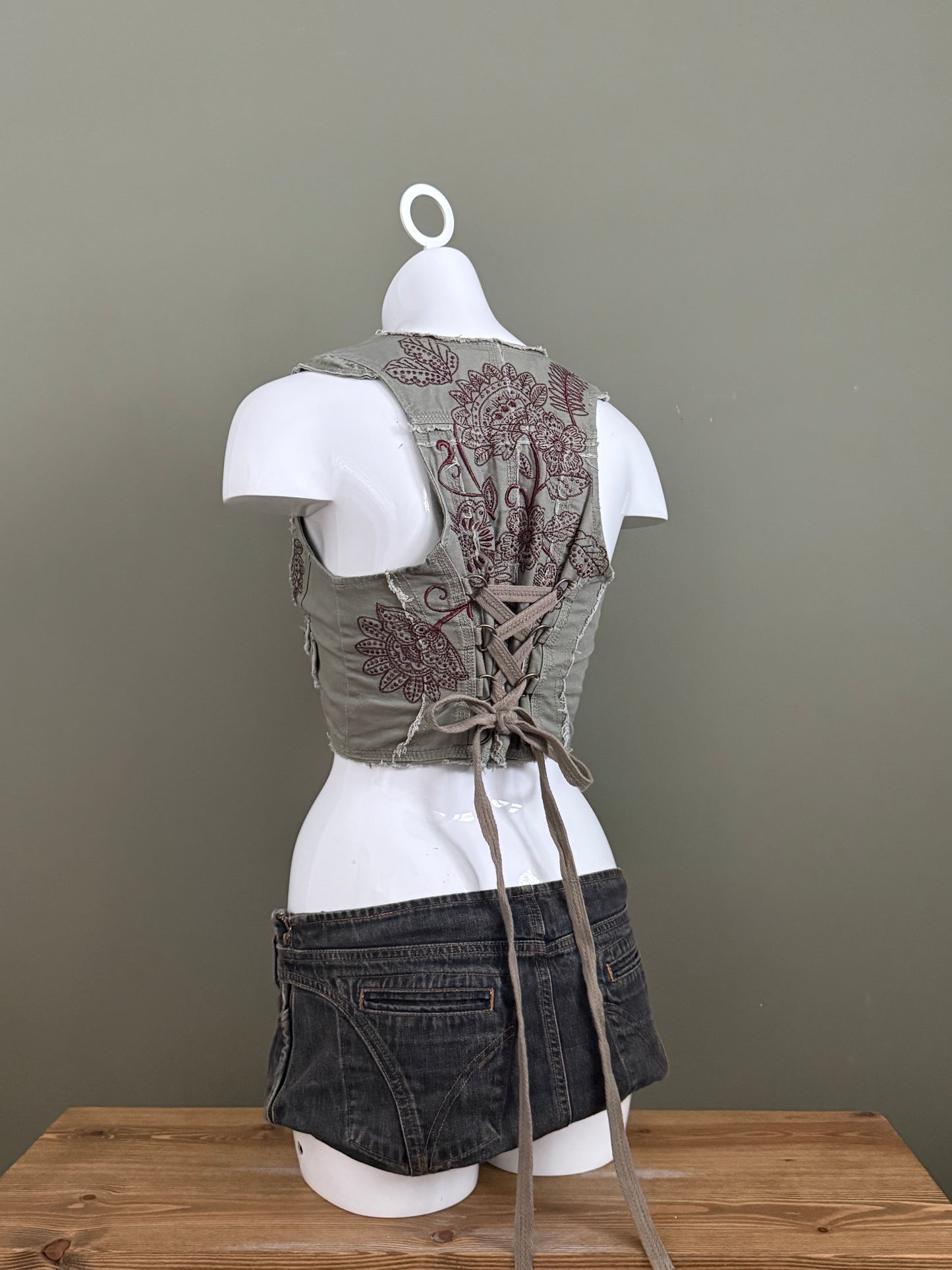 Khaki Cropped Corset Embroidered Waistcoat (UK12)