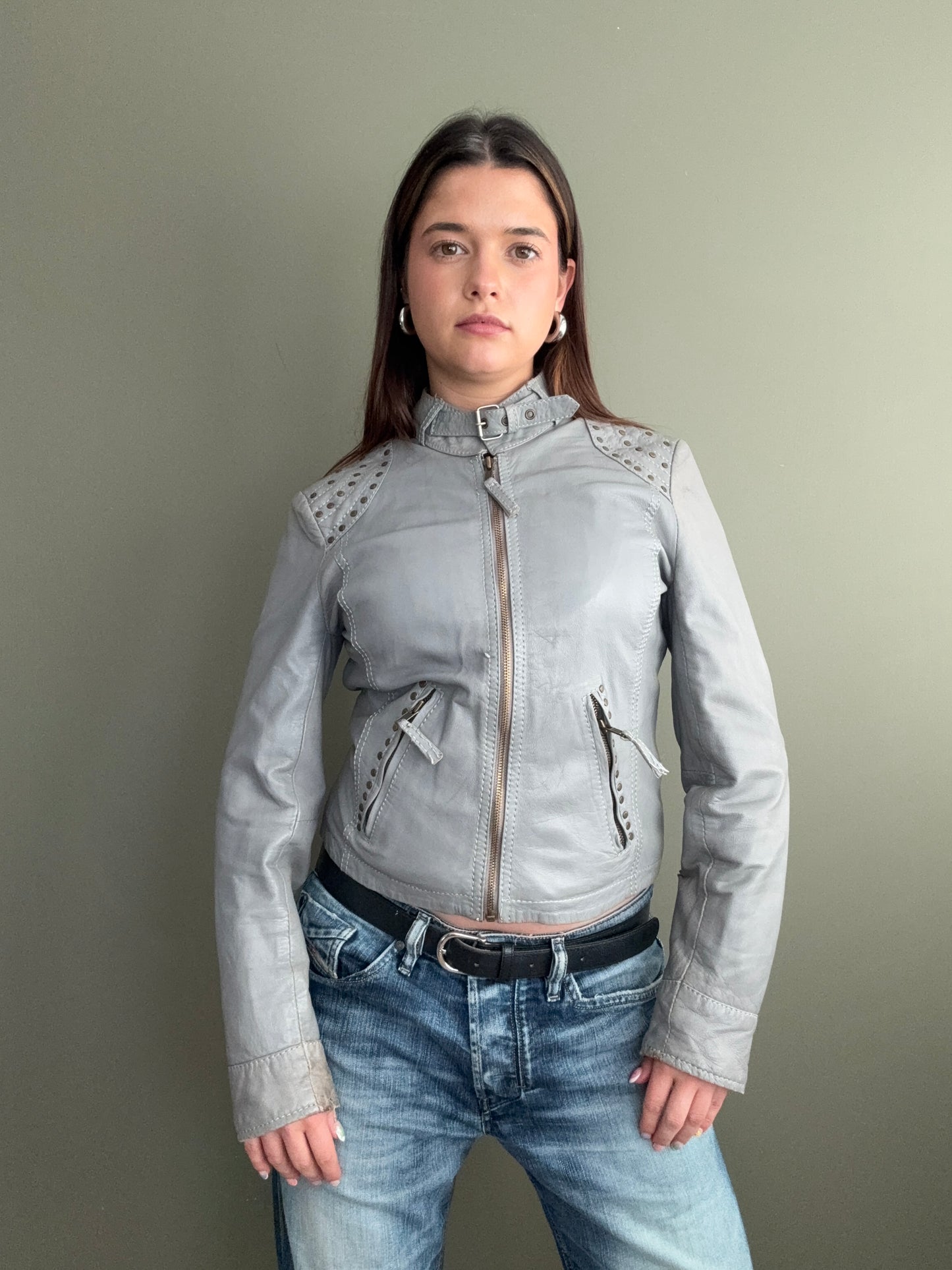 Grey Studded Leather Jacket (S)