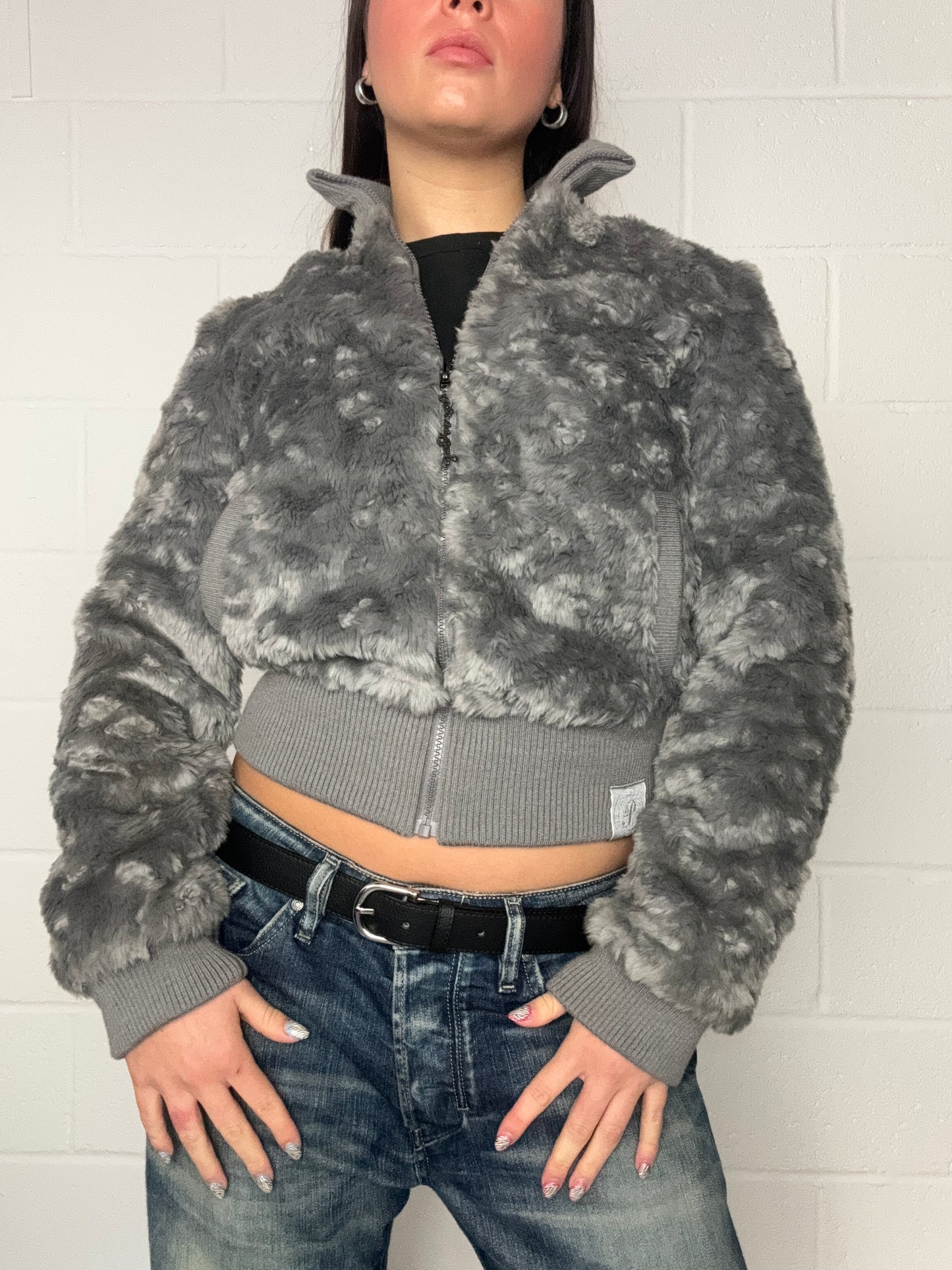 Grey Y2K Faux Fur Jacket