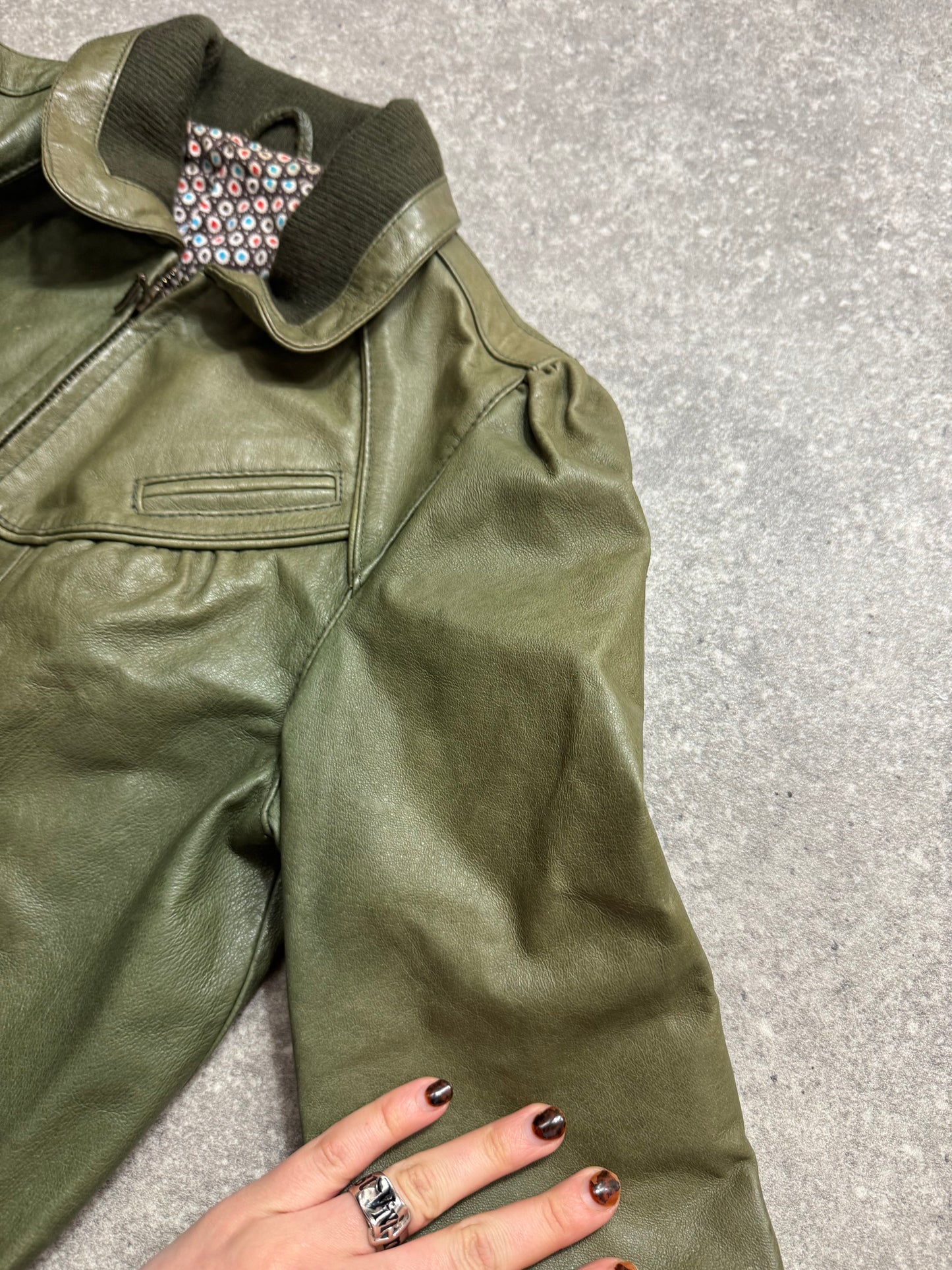 Green Leather Bomber Jacket (UK8)