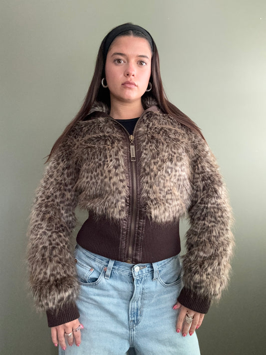 Faux Fur Leopard Bomber Jacket (UK10)