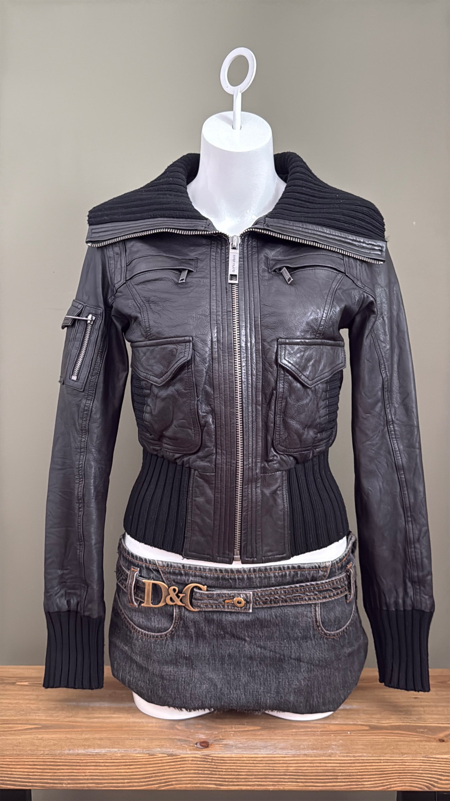 Leather Cargo Bomber Jacket (UK12)