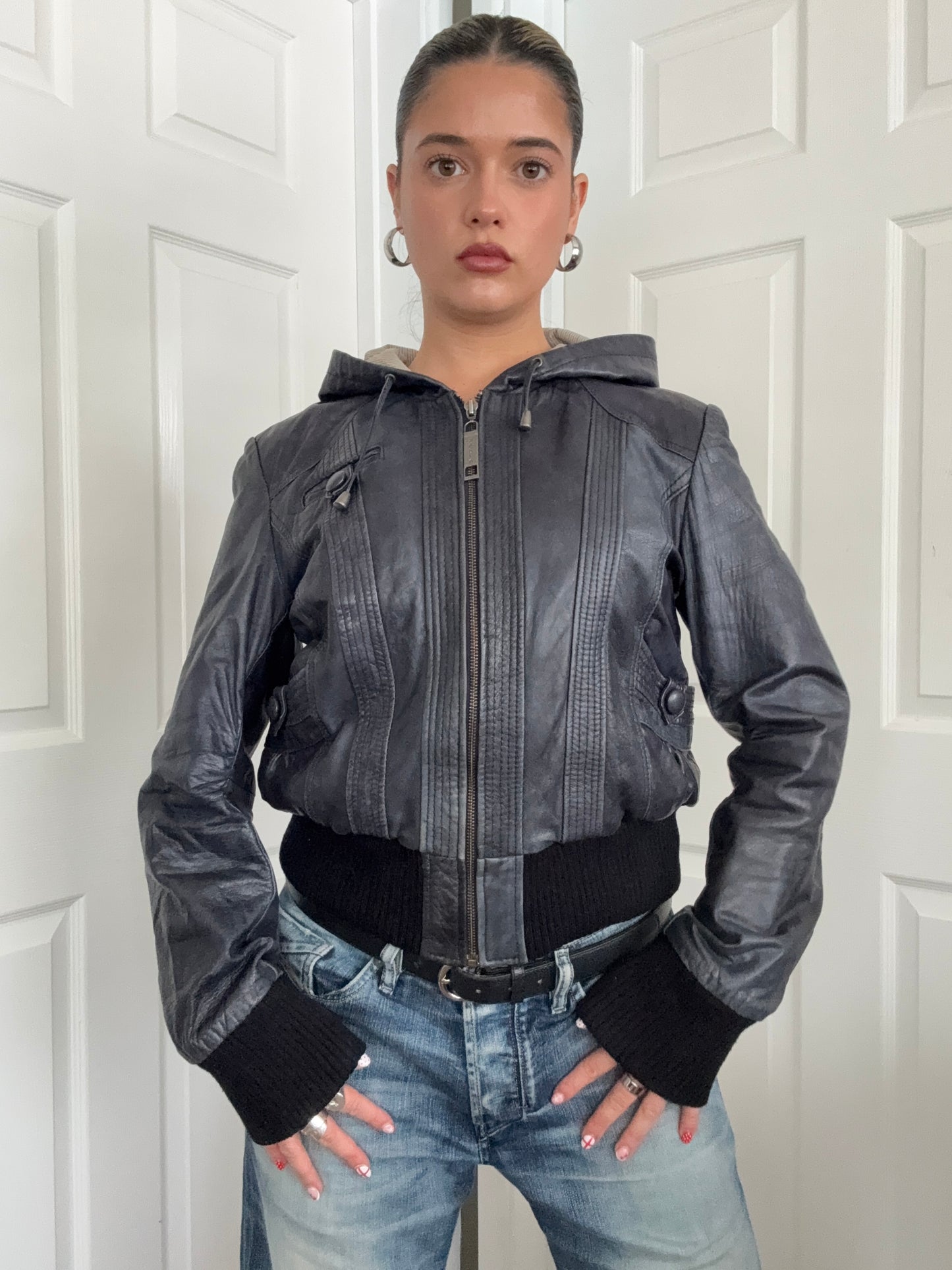 Leather Hooded Bomber Jacket (UK14)