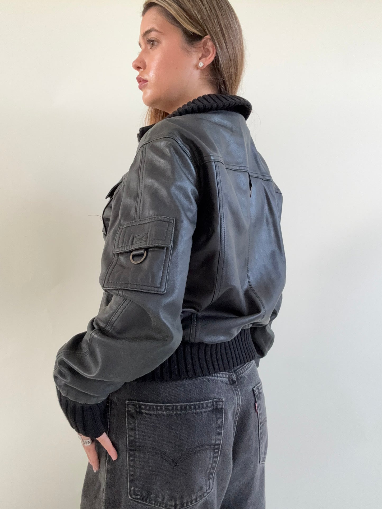 Leather Cargo Bomber Jacket (M)